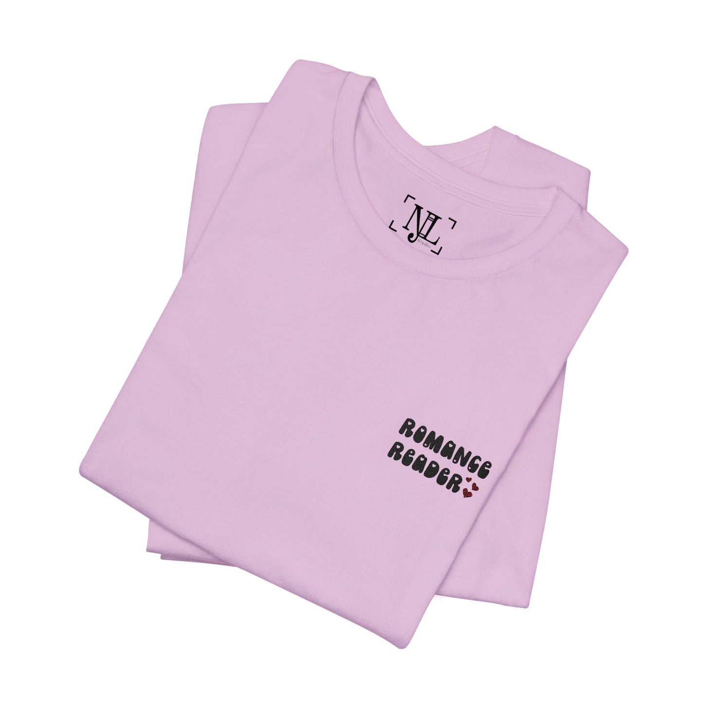 "Romance Reader" - Embroidered Literary Tee (Black Text with Maroon Hearts)