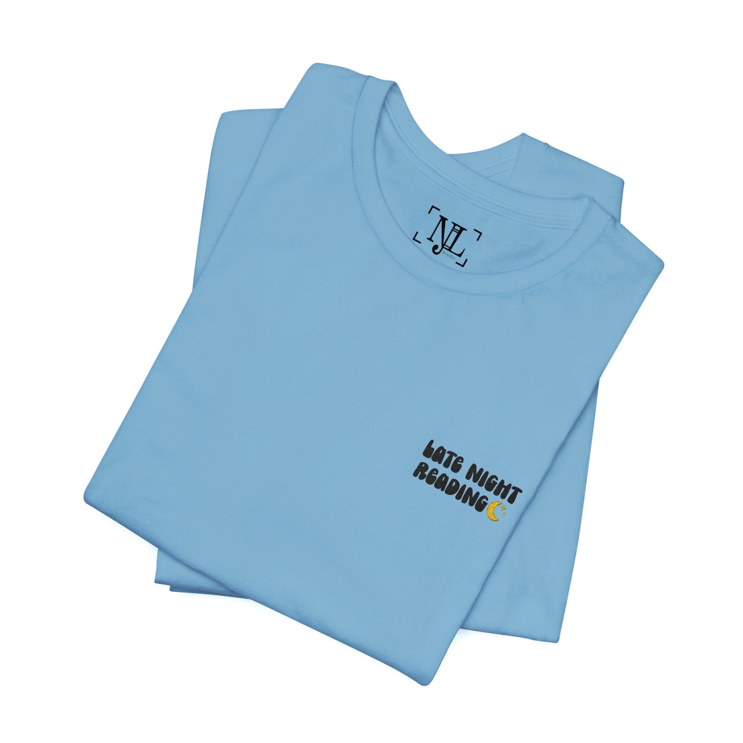 Late Night Reading - Embroidered Literary Tee (Black Text)