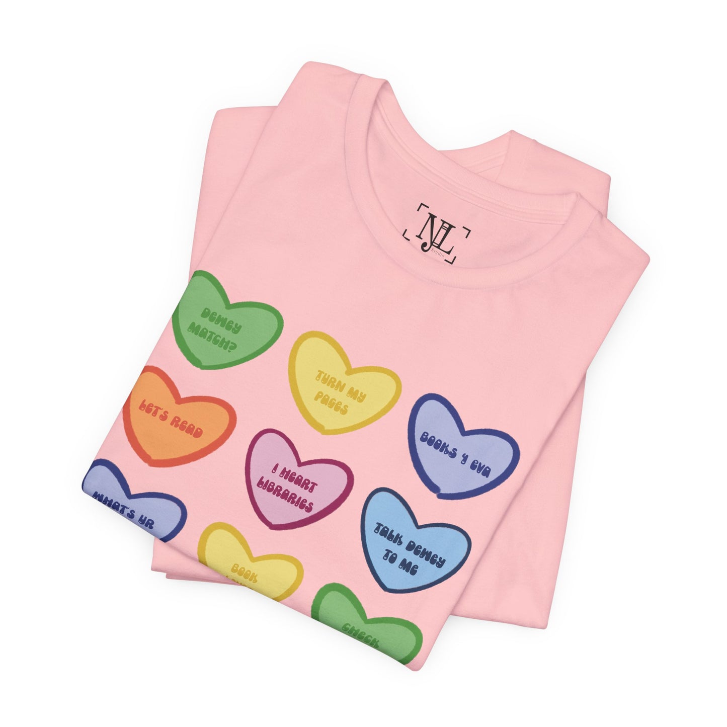 Library Conversation Heart Graphic Tee — Cute Pastel Candy Hearts with Messages