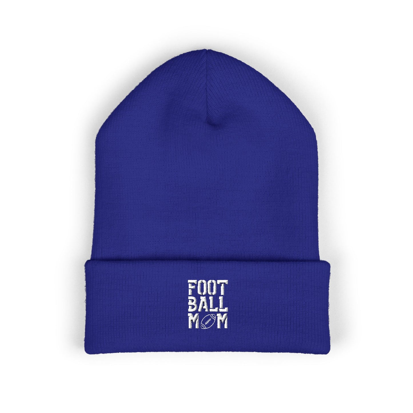 Football Mom Embroidered Cuffed Beanie – Cozy Sideline Knit Hat (White Text)
