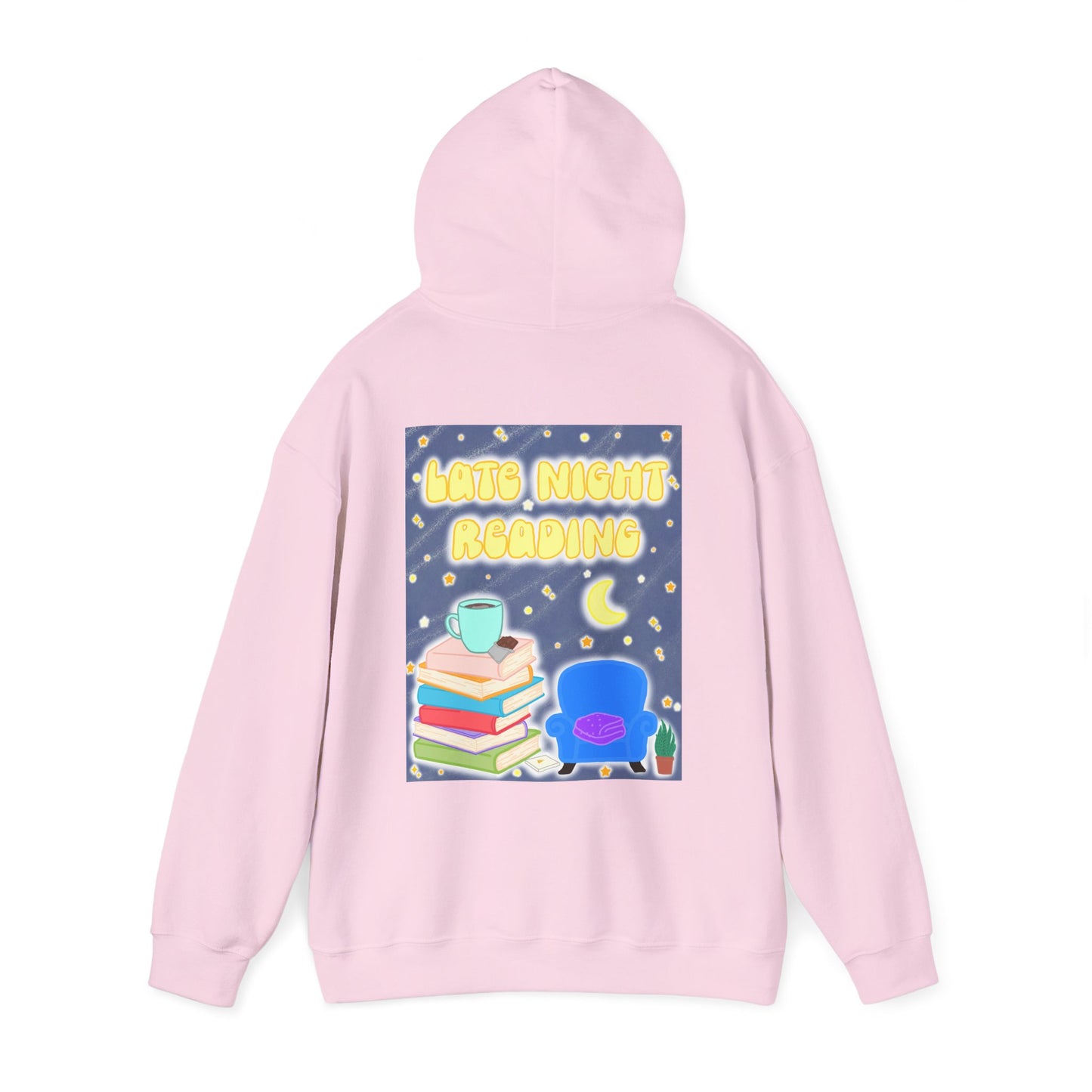 Late Night Reading Hoodie — Cozy Book Lover Pullover with Moon & Books Graphic (Black Text)