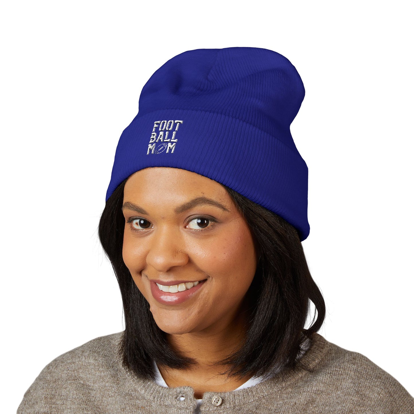 Football Mom Embroidered Cuffed Beanie – Cozy Sideline Knit Hat (White Text)