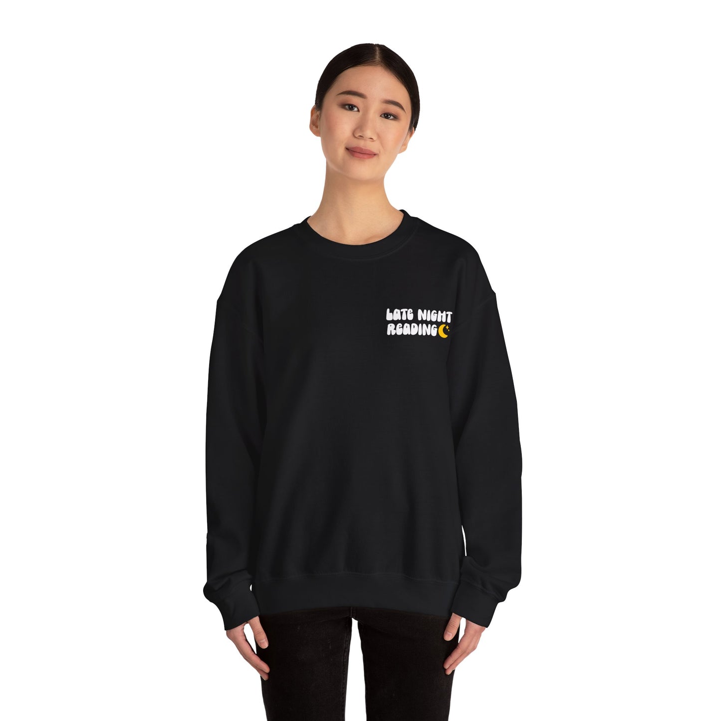 "Late Night Reading " — Cozy Book Lover Crewneck (White Text)