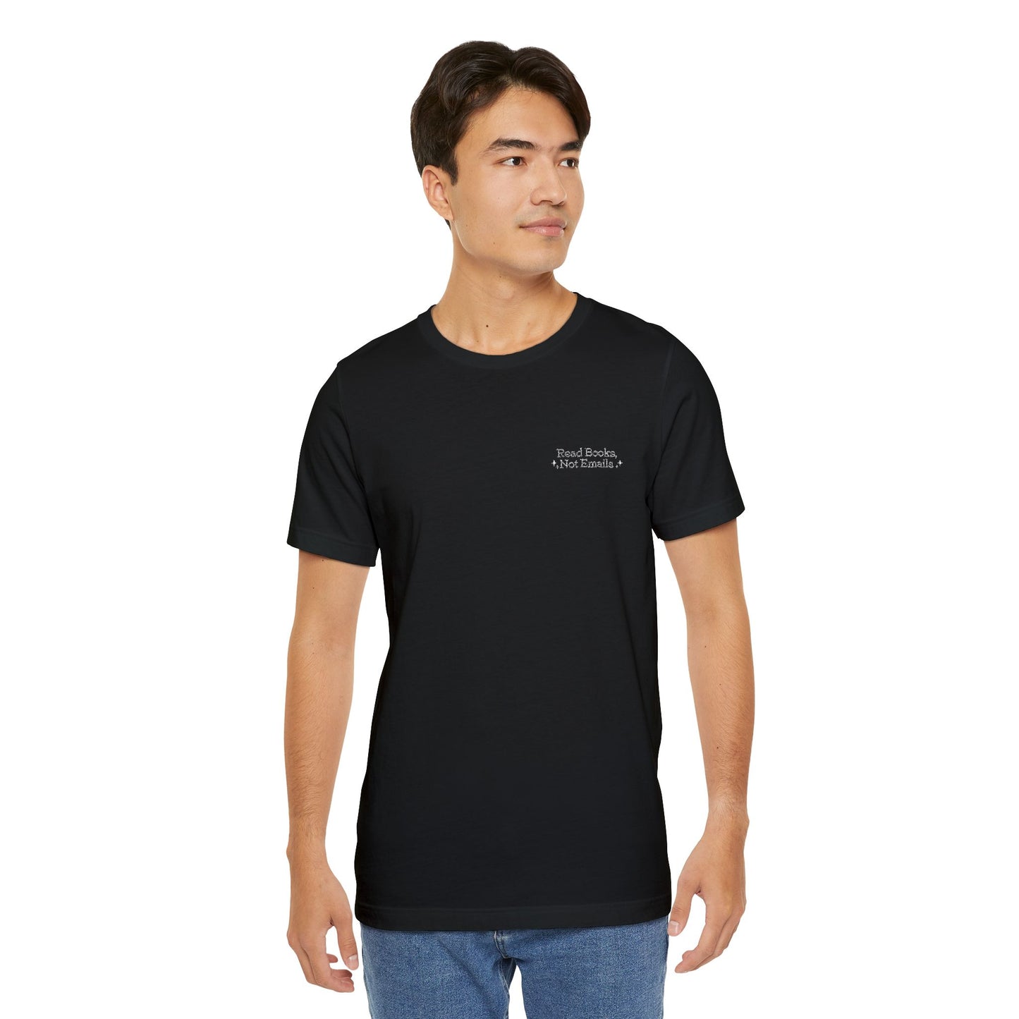 "Read Books, Not Emails - Embroidered Literary Tee (White Text)