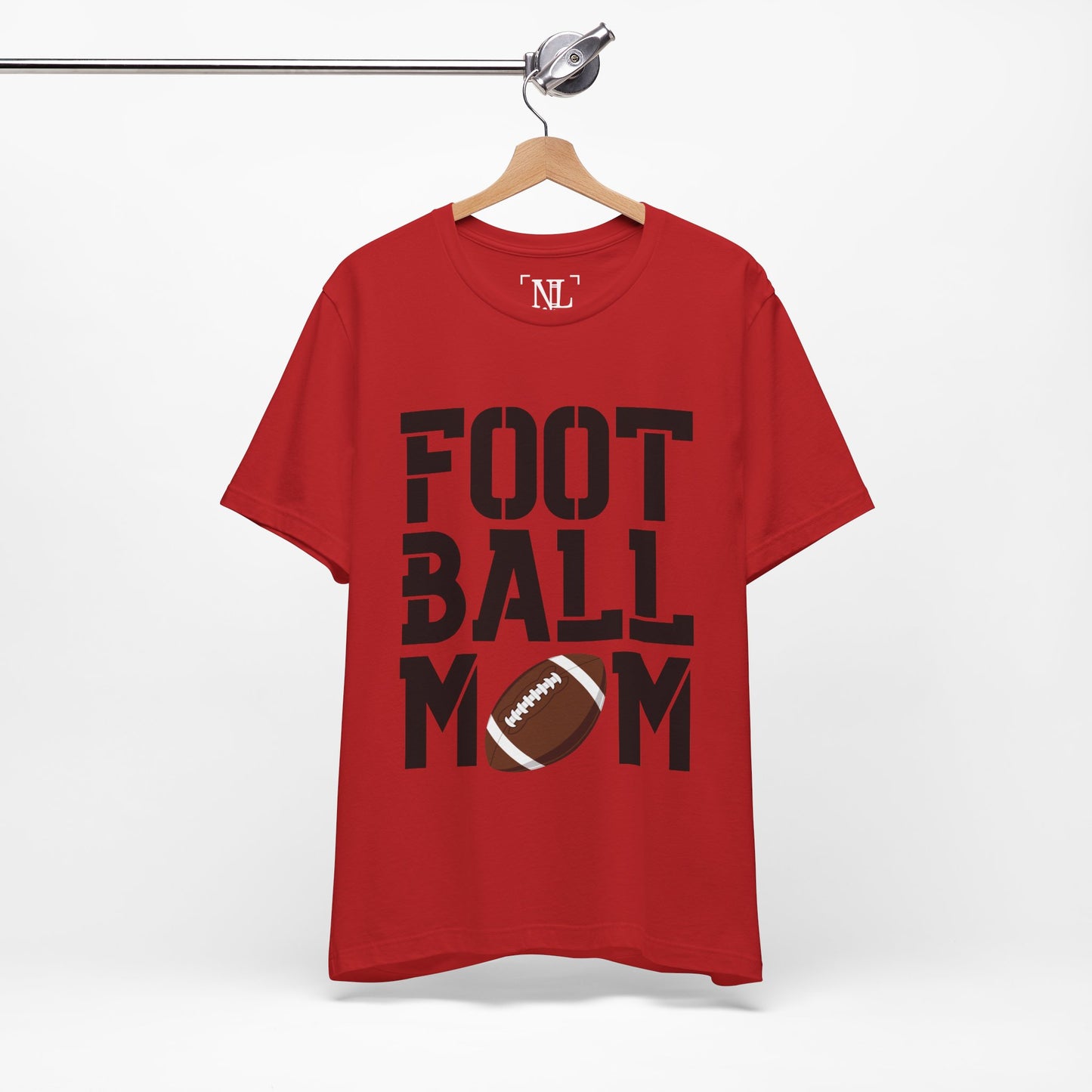 Football Mom T-Shirt – Bold Stacked Text with Football Graphic