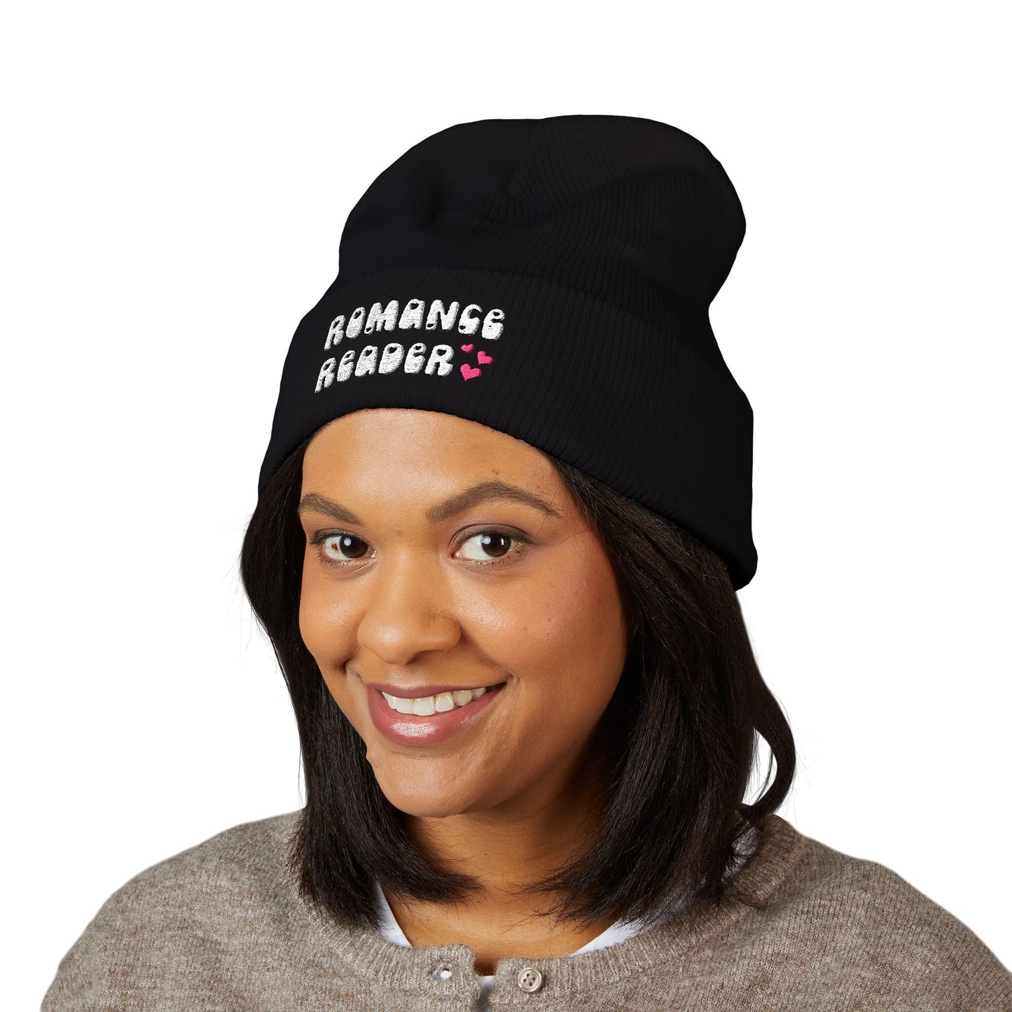 "Romance Reader" - Embroidered Literary Cuffed Beanie (White Text with Pink Hearts)