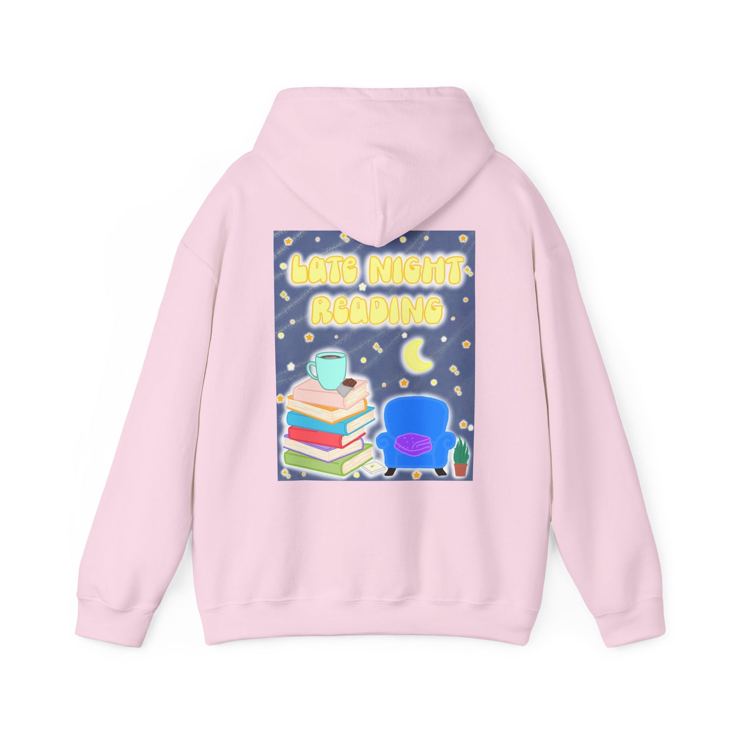 Late Night Reading Hoodie — Cozy Book Lover Pullover with Moon & Books Graphic (Black Text)