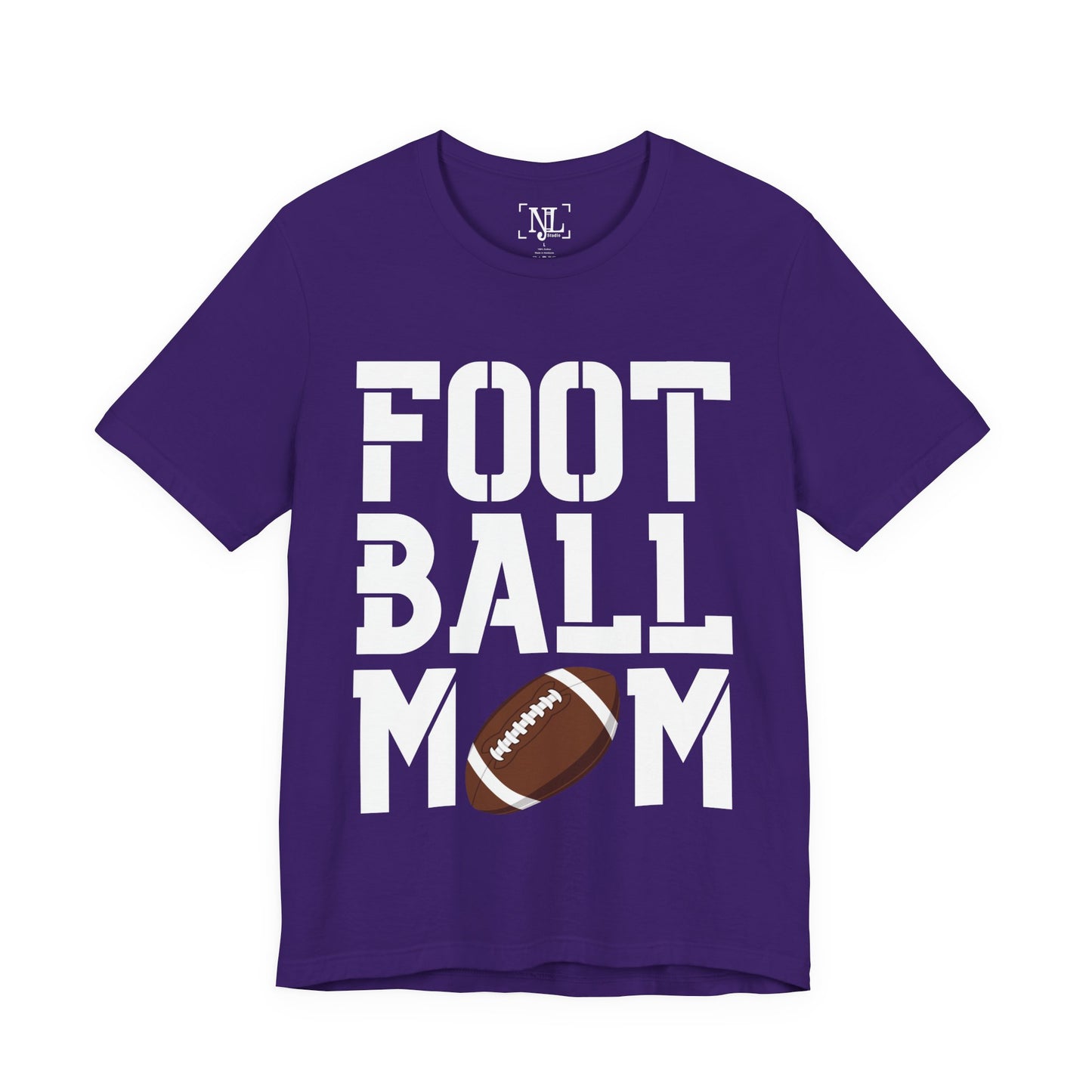 Football Mom T-Shirt – Bold Stacked Text with Football Graphic (White Text)
