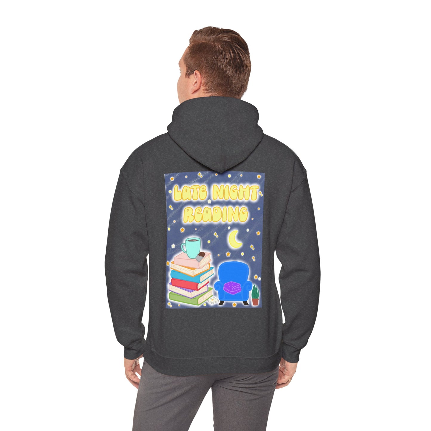 Late Night Reading Hoodie — Cozy Book Lover Pullover with Moon & Books Graphic (White Text)