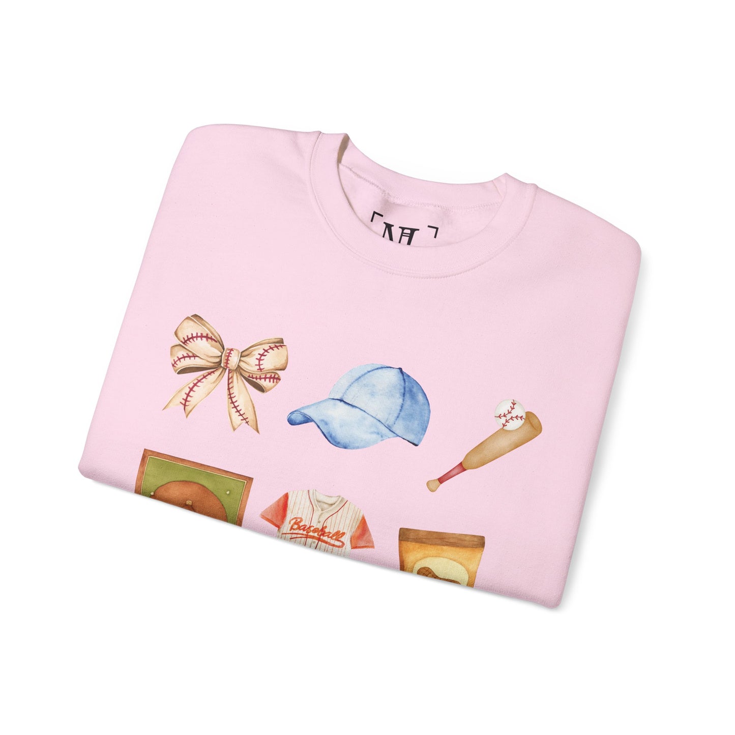 Baseball Icons Crewneck Sweatshirt — Watercolor Baseball Gear Graphic