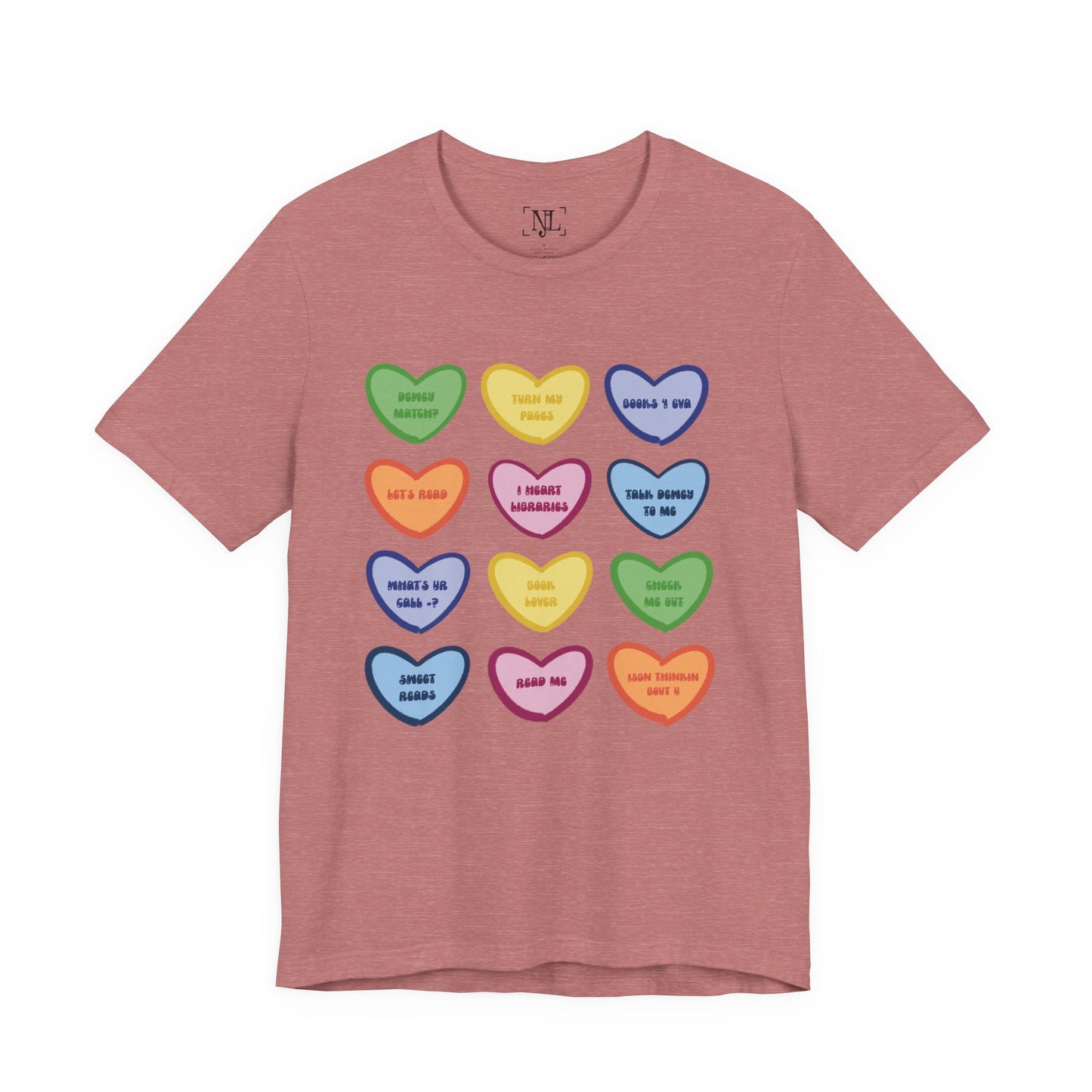 Library Conversation Heart Graphic Tee — Cute Pastel Candy Hearts with Messages