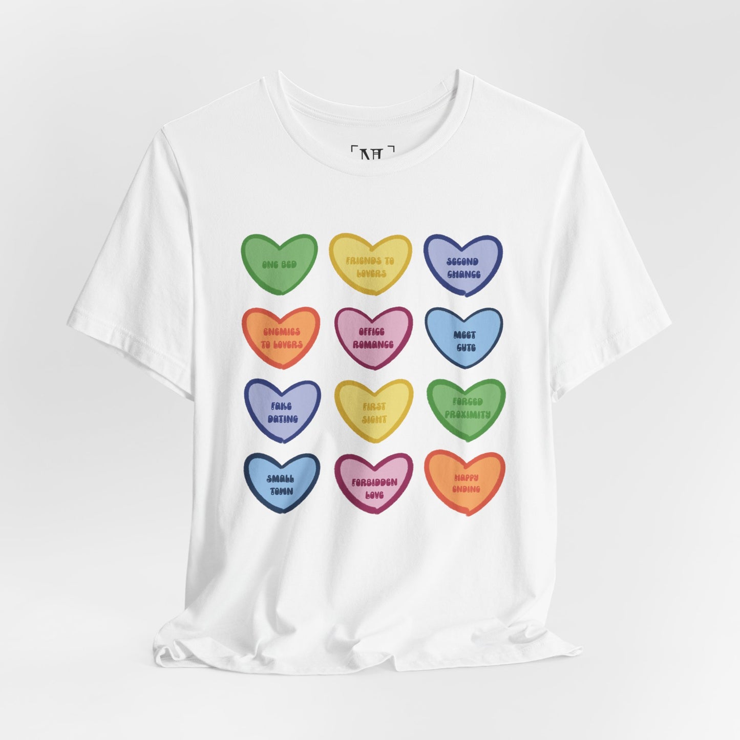 Romance Book Tropes Conversation Heart Graphic Tee — Cute Pastel Candy Hearts with Messages