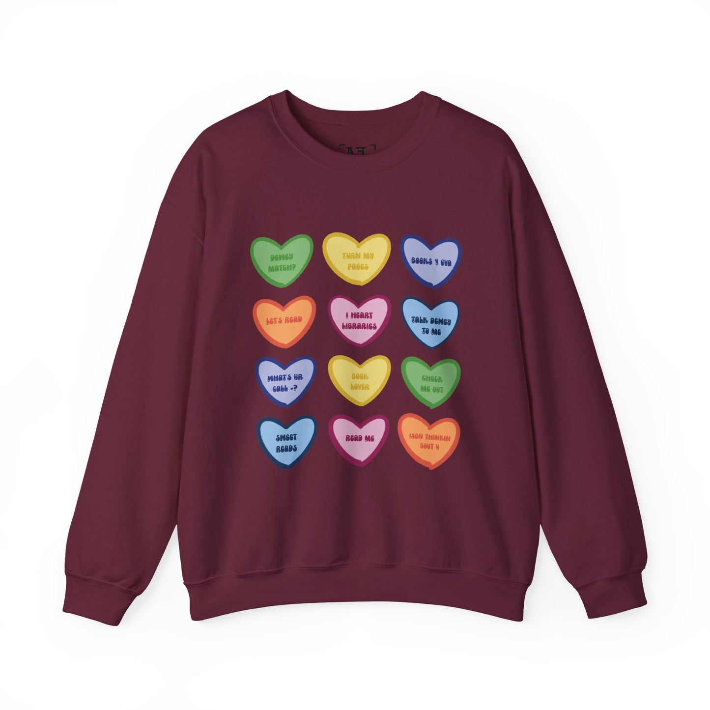 Library Themed Conversation Heart Sweatshirt — Colorful Valentine Candy Heart Graphic Crewneck