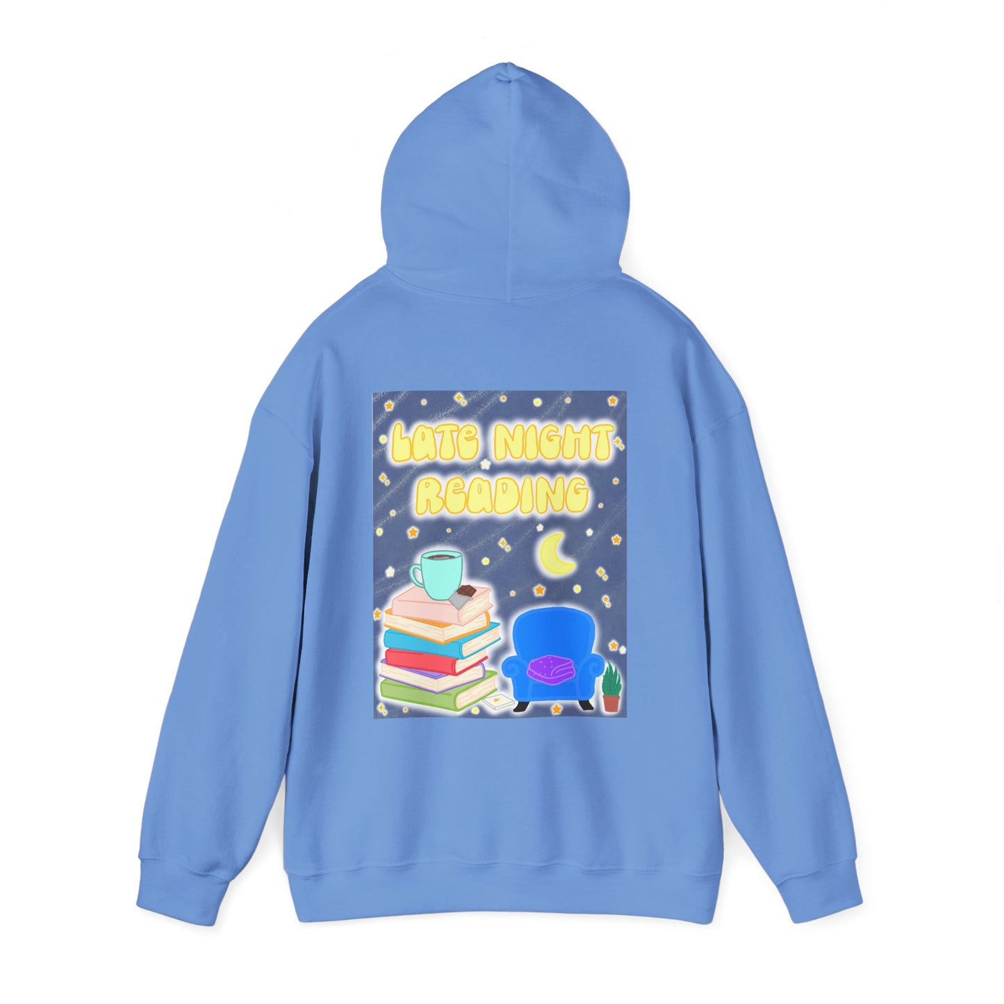 Late Night Reading Hoodie — Cozy Book Lover Pullover with Moon & Books Graphic (White Text)