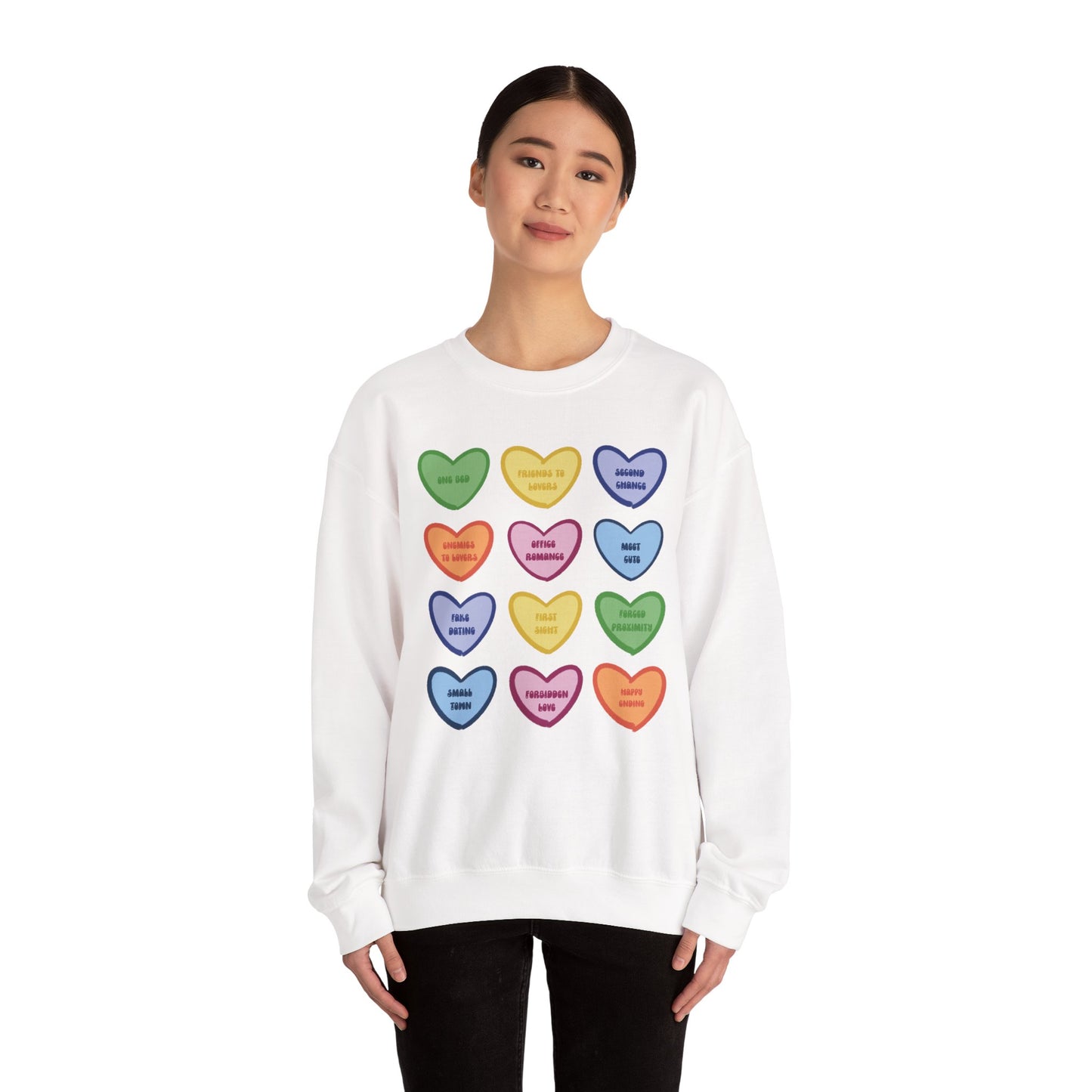 Romance Book Tropes Conversation Heart Sweatshirt — Colorful Valentine Candy Heart Graphic Crewneck
