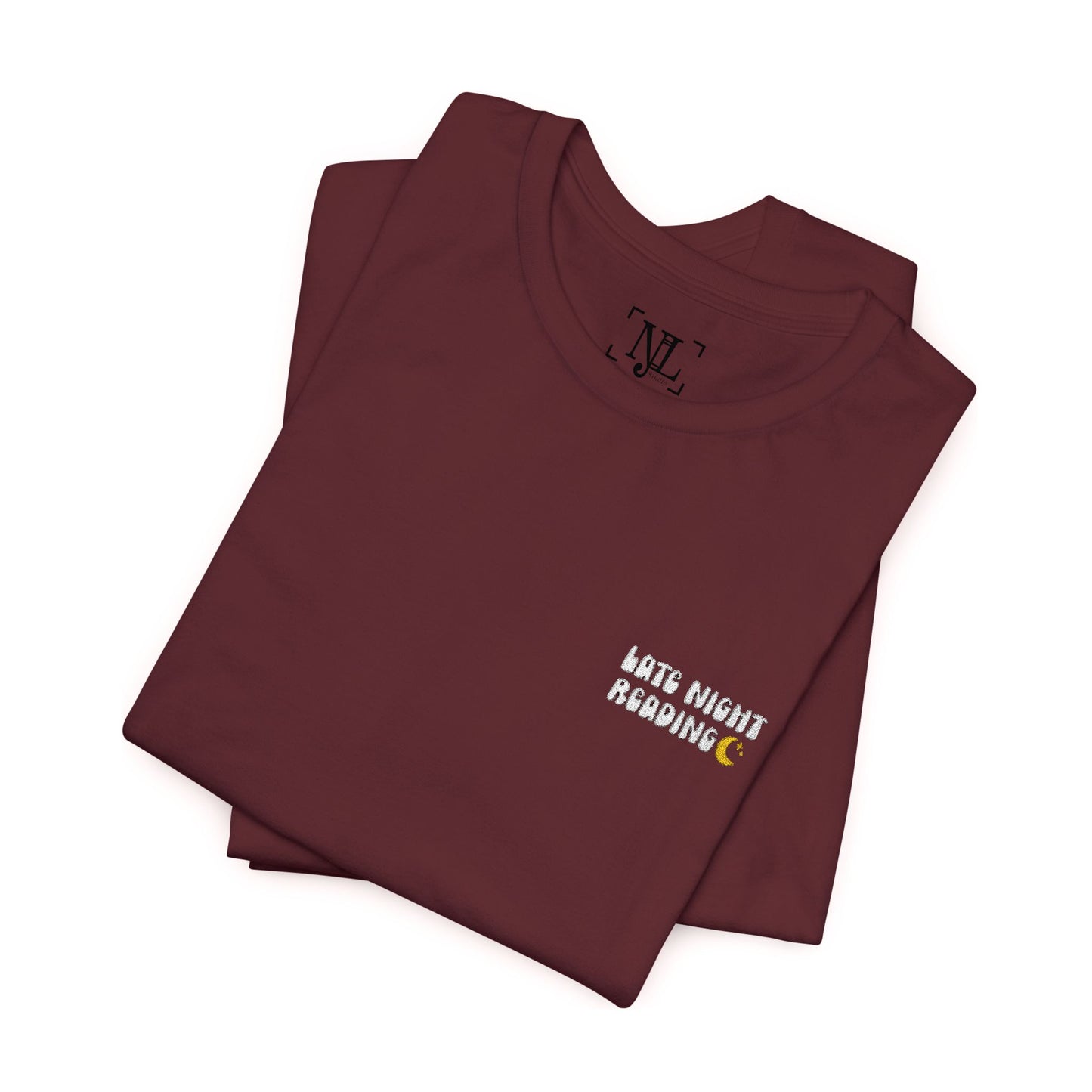 Late Night Reading - Embroidered Literary Tee (White Text)