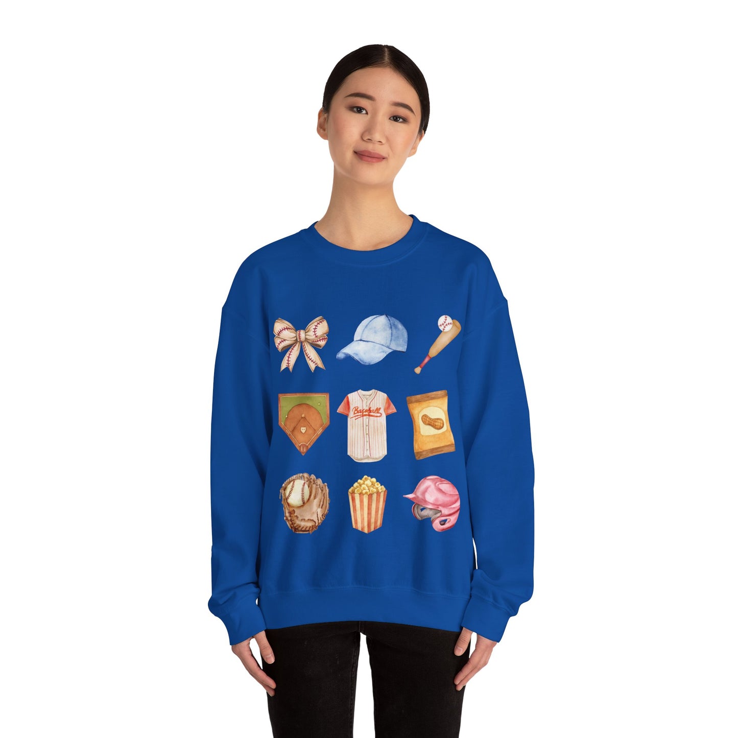Baseball Icons Crewneck Sweatshirt — Watercolor Baseball Gear Graphic