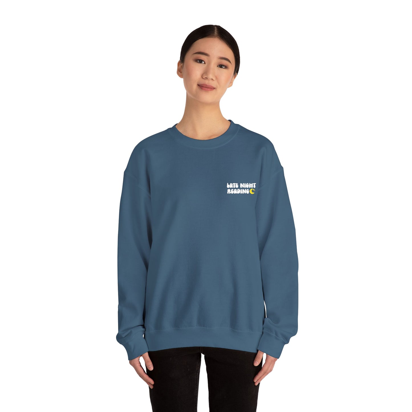 "Late Night Reading - Embroidered Cozy Literary Crewneck Sweatshirt (White Text)