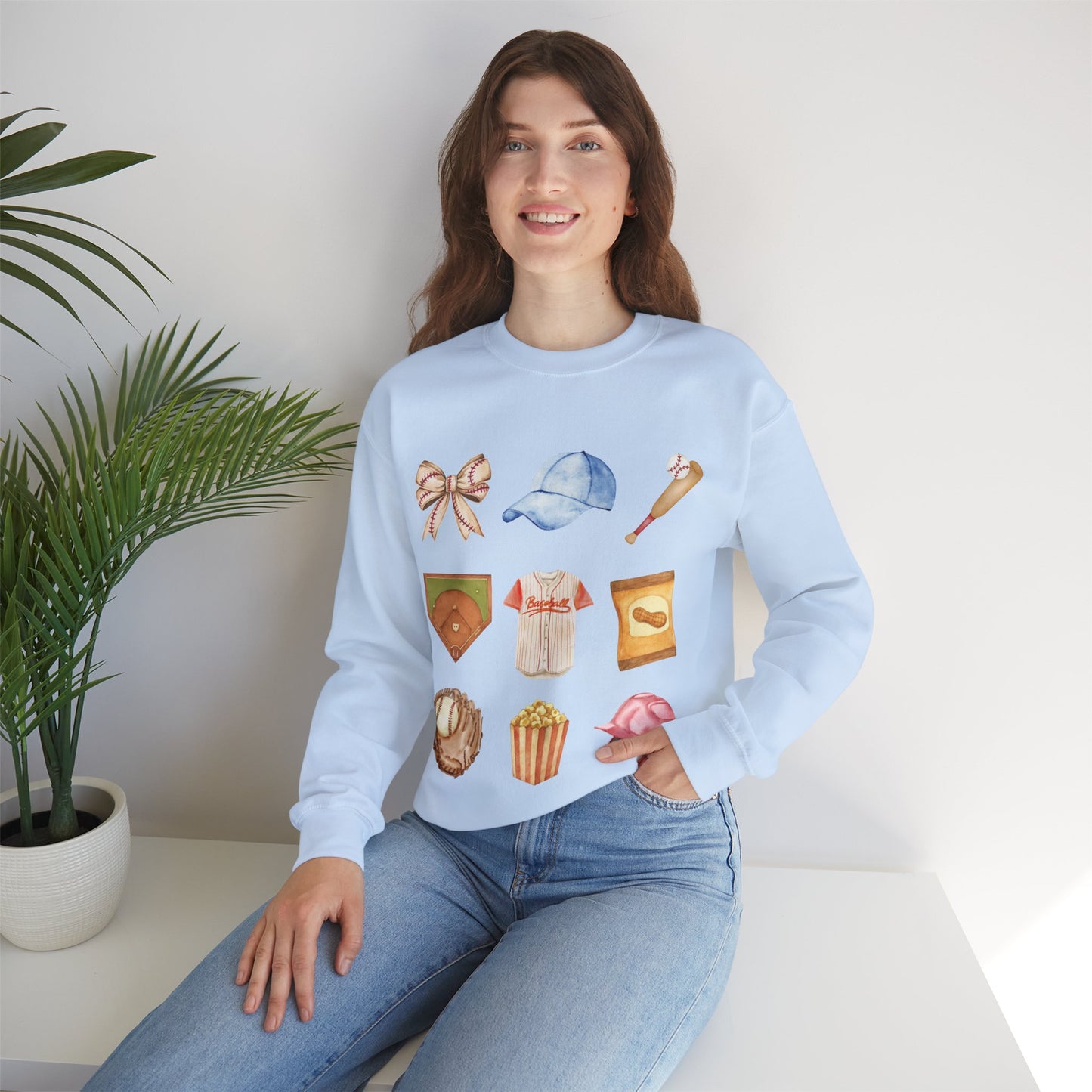 Baseball Icons Crewneck Sweatshirt — Watercolor Baseball Gear Graphic