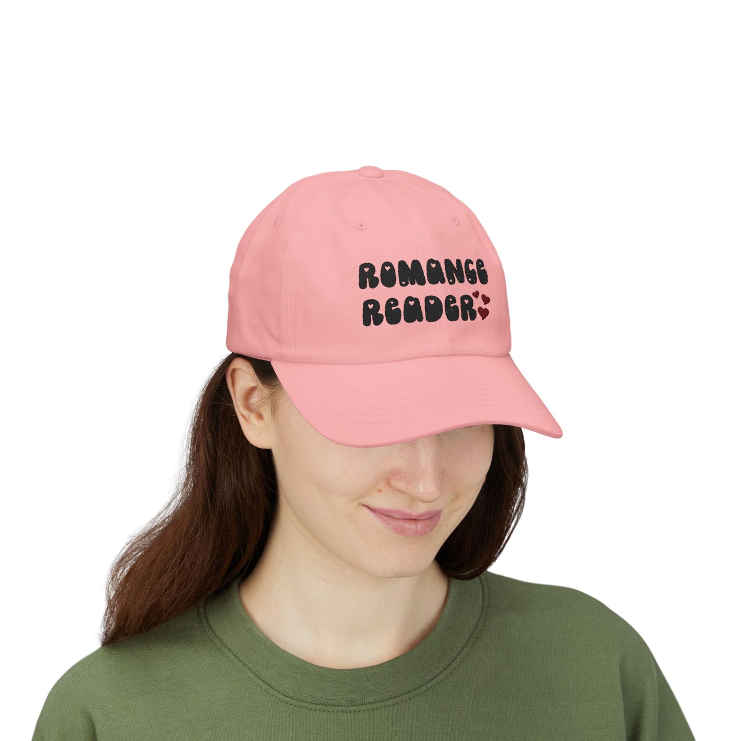 "Romance Reader" - Embroidered Literary Dad Cap (Black Text with Maroon Hearts)