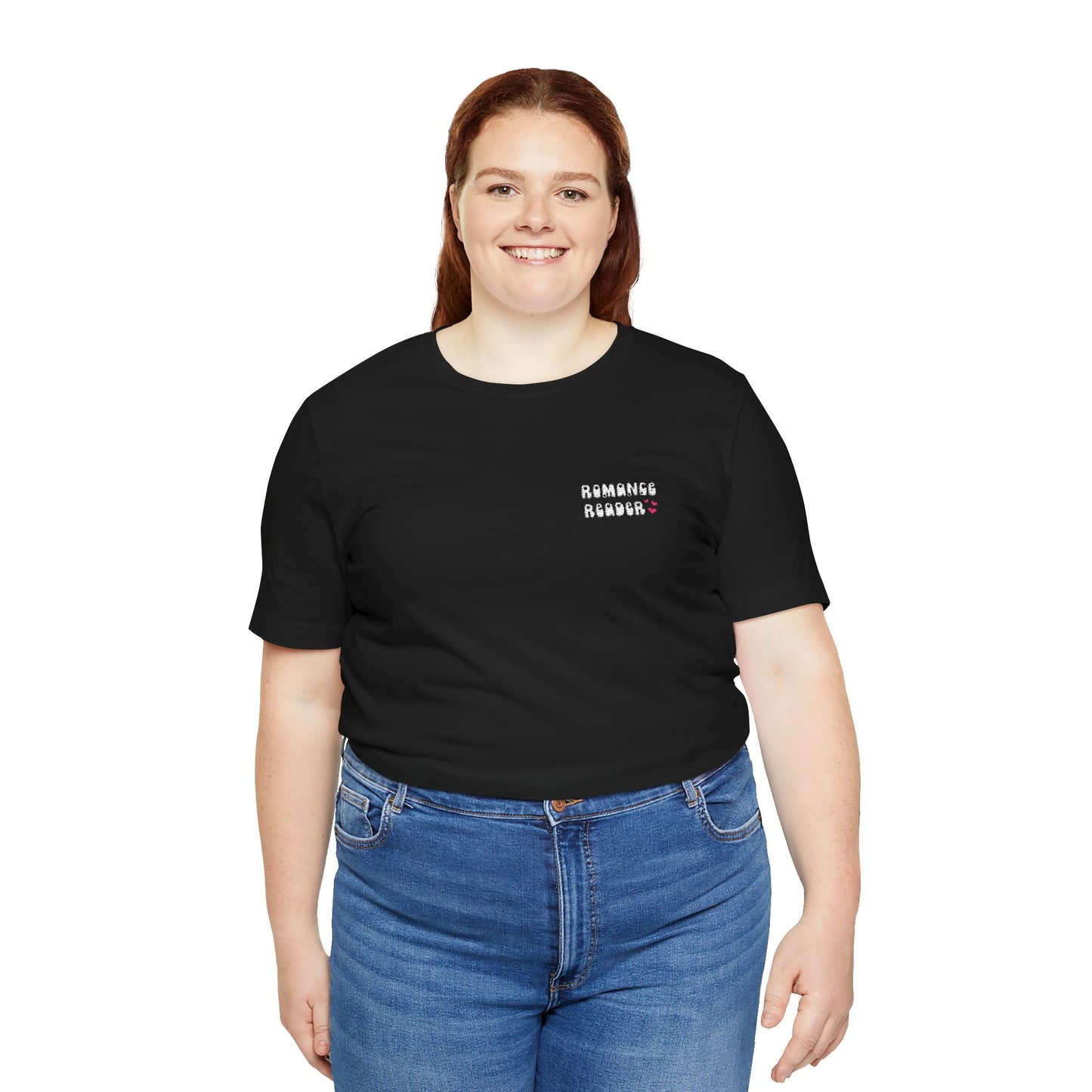 "Romance Reader" - Embroidered Literary Tee (White Text with Pink Hearts)