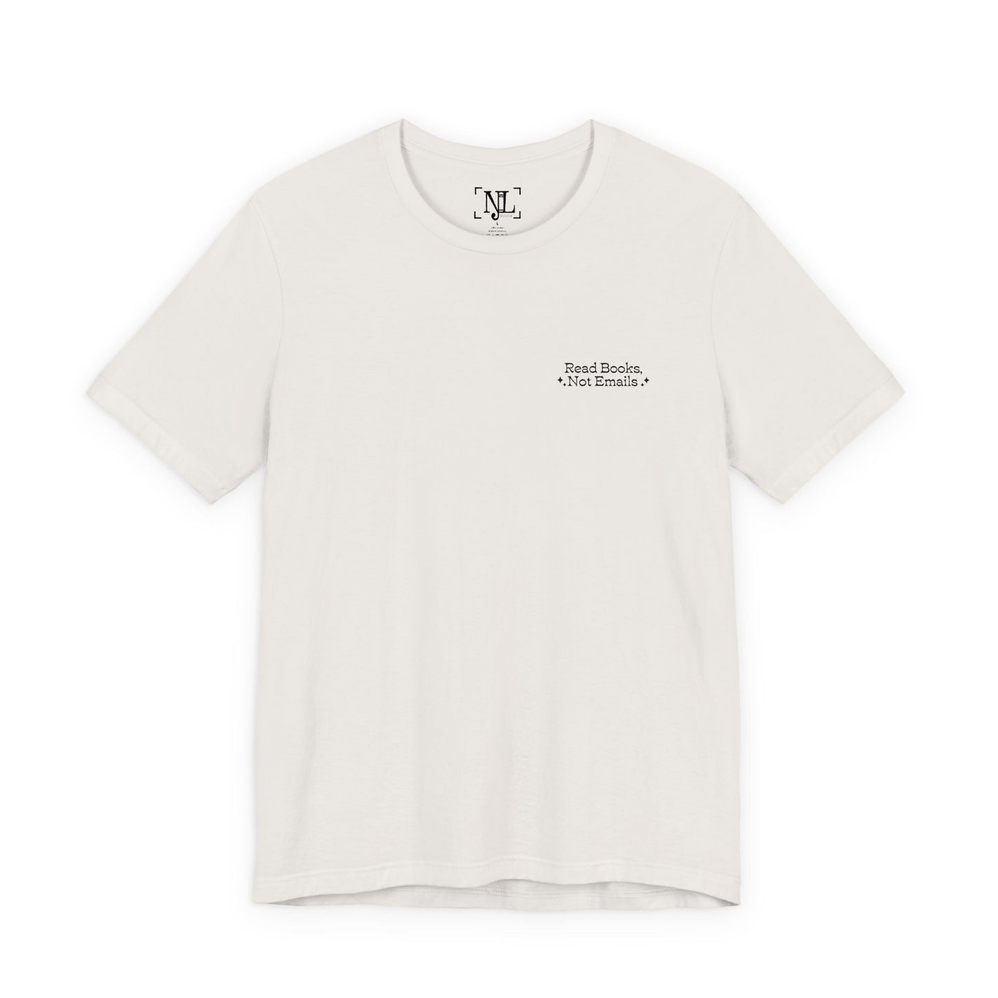 "Read Books, Not Emails - Embroidered Literary Tee (Black Text)