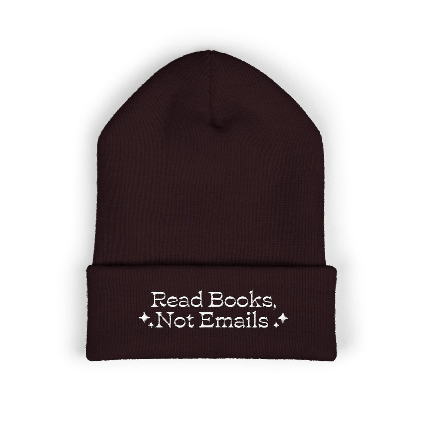 "Read Books Not Emails" - Embroidered Literary Cuffed Beanie (White Text)