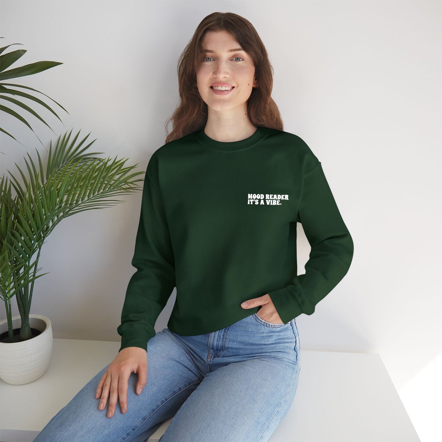 "Mood Reader. It's a Vibe - Embroidered Literary Crewneck Sweatshirt (White Text)