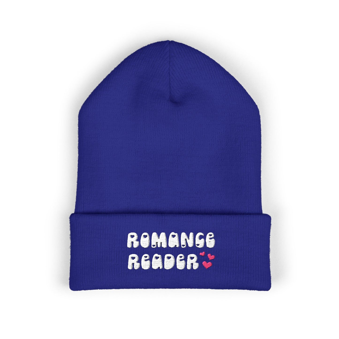 "Romance Reader" - Embroidered Literary Cuffed Beanie (White Text with Pink Hearts)