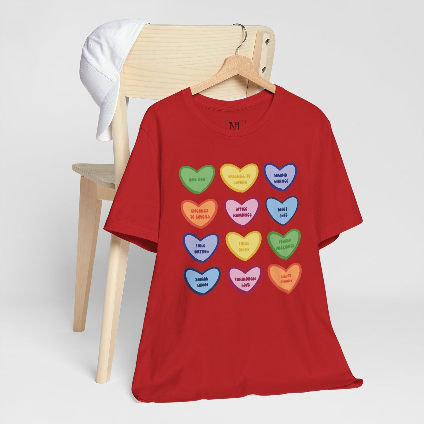 Romance Book Tropes Conversation Heart Graphic Tee — Cute Pastel Candy Hearts with Messages