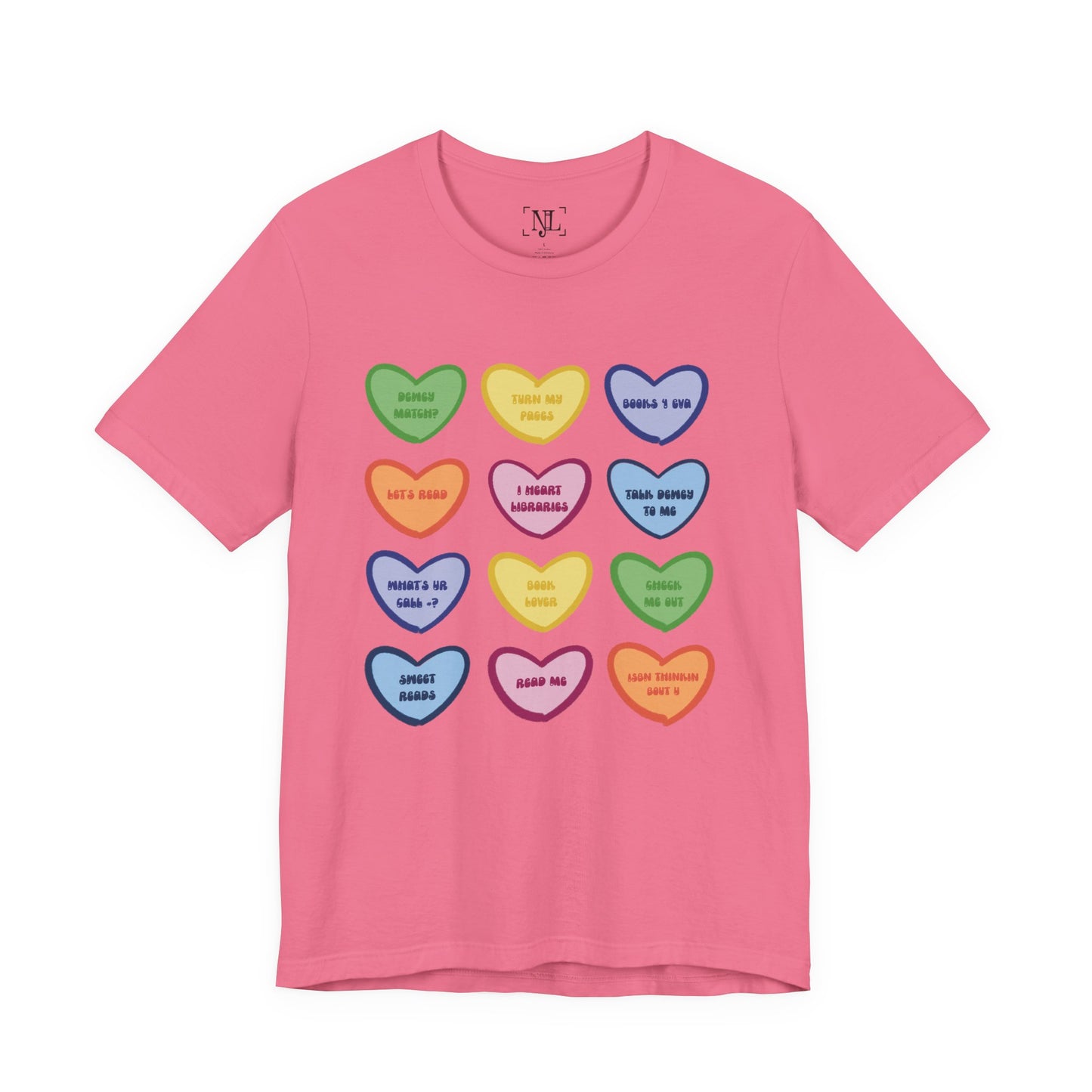 Library Conversation Heart Graphic Tee — Cute Pastel Candy Hearts with Messages