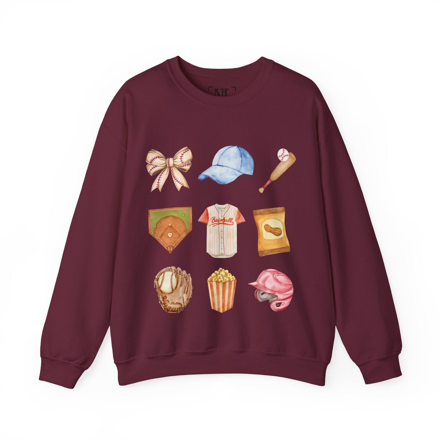 Baseball Icons Crewneck Sweatshirt — Watercolor Baseball Gear Graphic