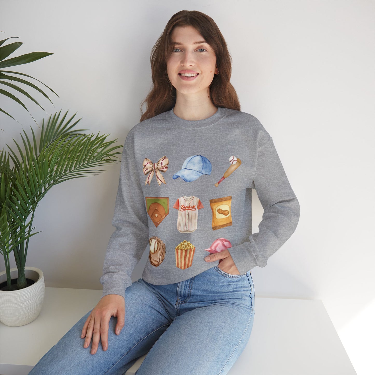 Baseball Icons Crewneck Sweatshirt — Watercolor Baseball Gear Graphic