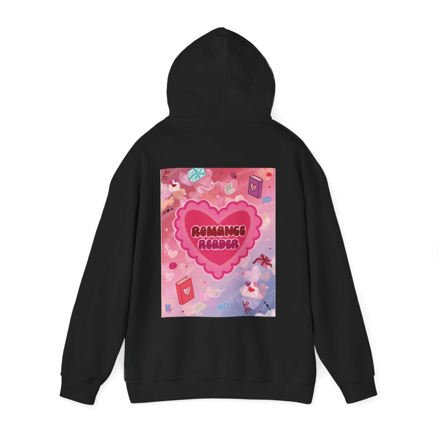 Romance Reader Hoodie — Cute Pink Heart Book Lover Pullover (White Text)