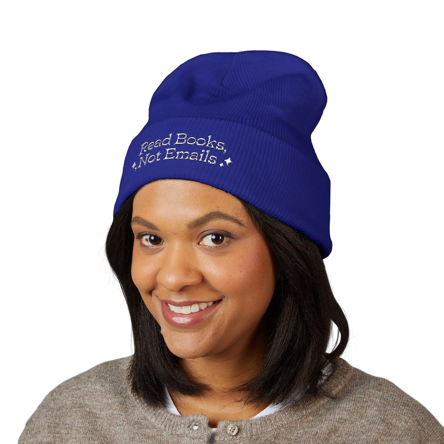 "Read Books Not Emails" - Embroidered Literary Cuffed Beanie (White Text)