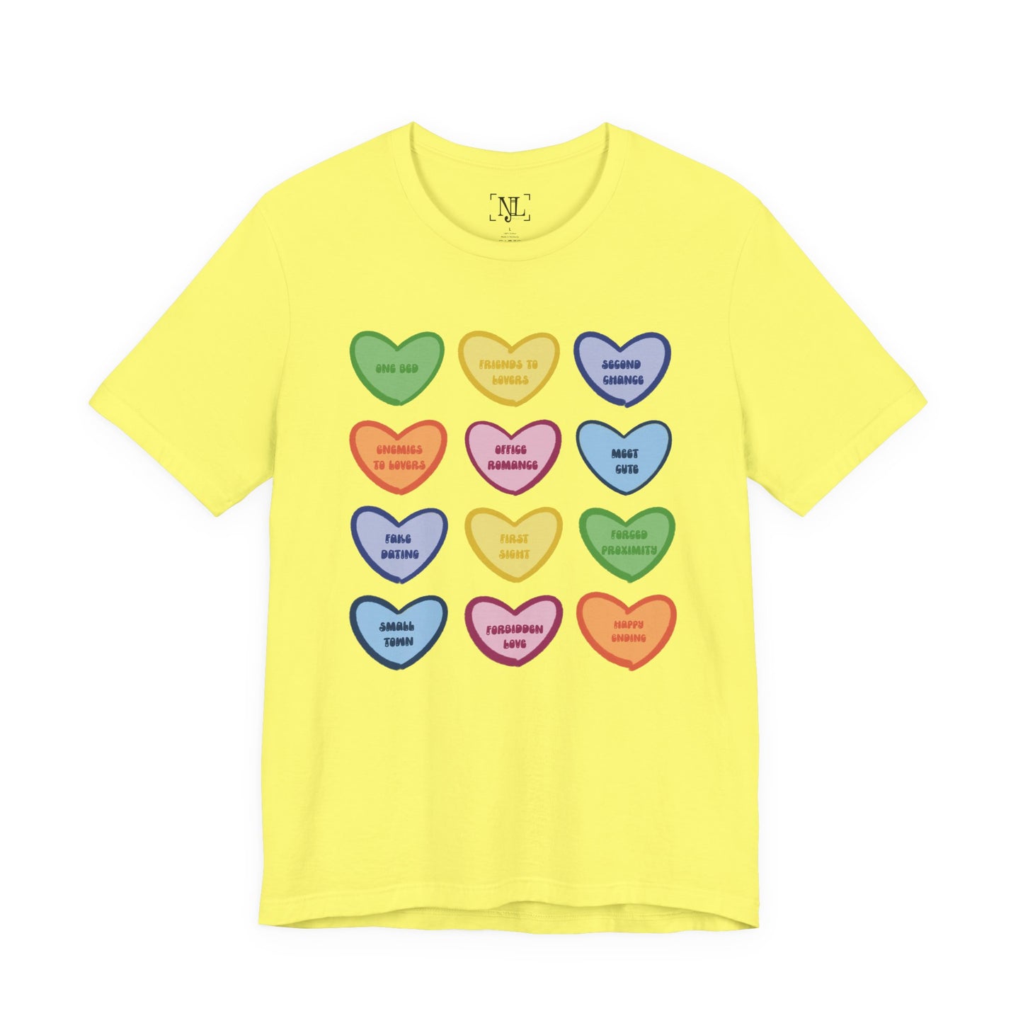Romance Book Tropes Conversation Heart Graphic Tee — Cute Pastel Candy Hearts with Messages