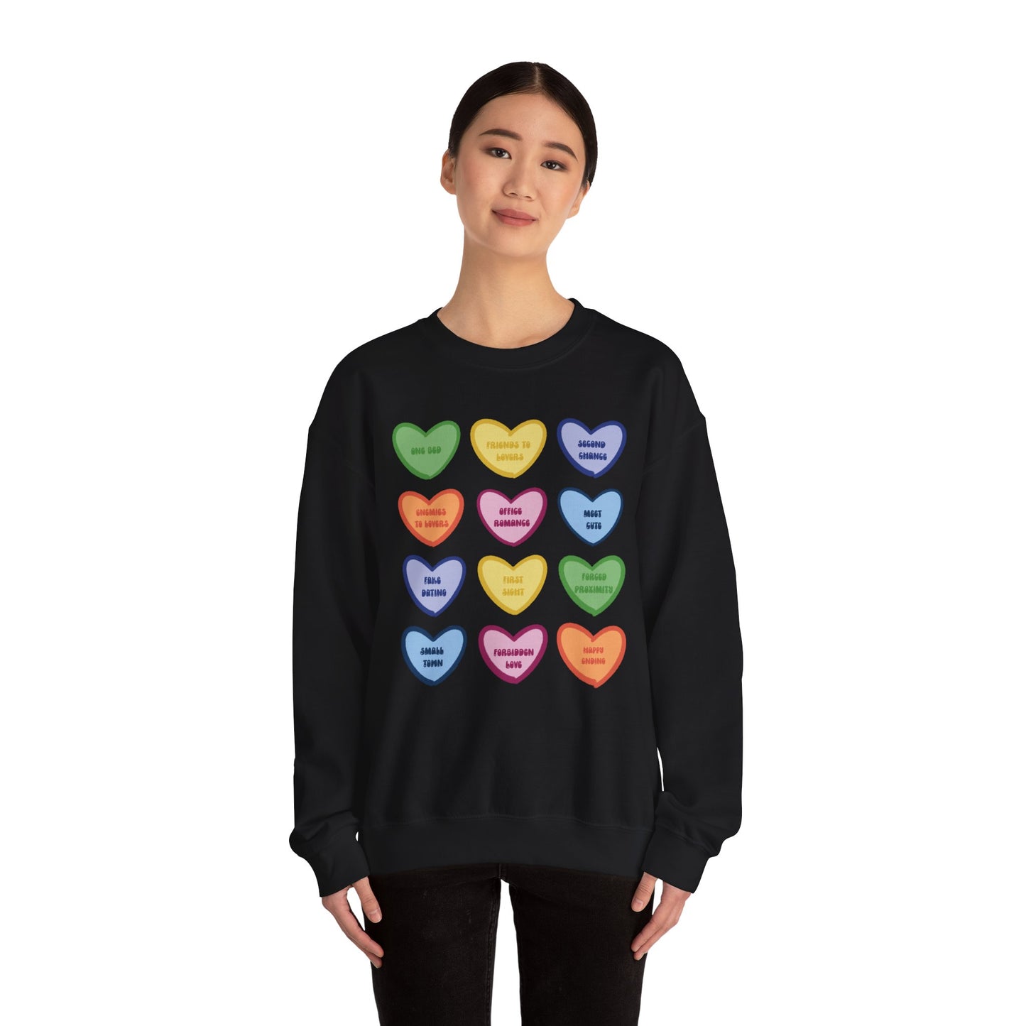 Romance Book Tropes Conversation Heart Sweatshirt — Colorful Valentine Candy Heart Graphic Crewneck