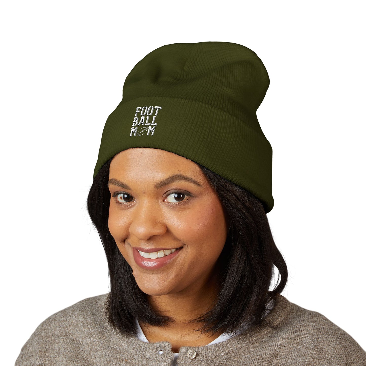 Football Mom Embroidered Cuffed Beanie – Cozy Sideline Knit Hat (White Text)