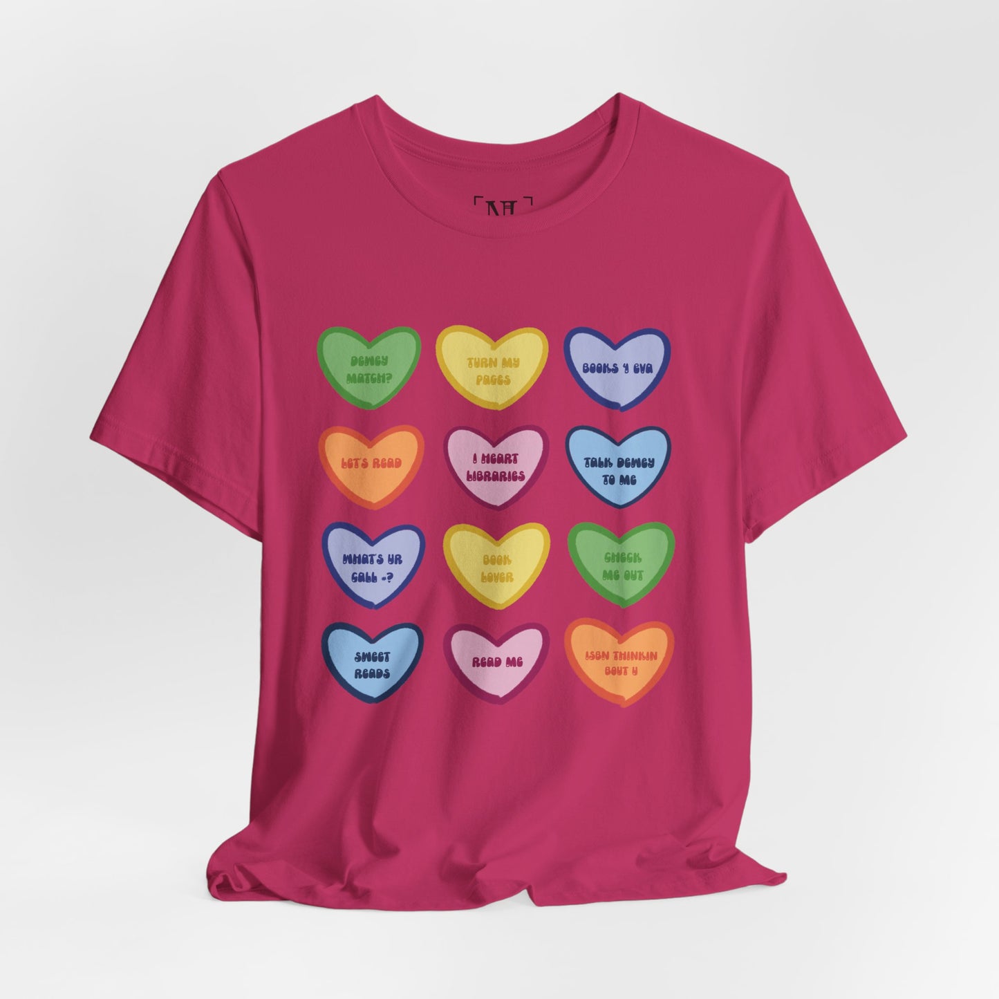 Library Conversation Heart Graphic Tee — Cute Pastel Candy Hearts with Messages