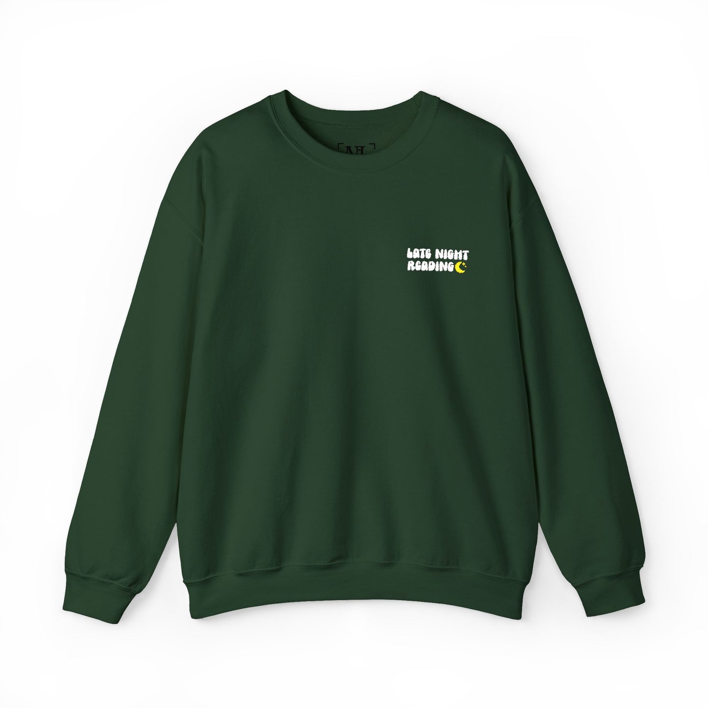 "Late Night Reading - Embroidered Cozy Literary Crewneck Sweatshirt (White Text)
