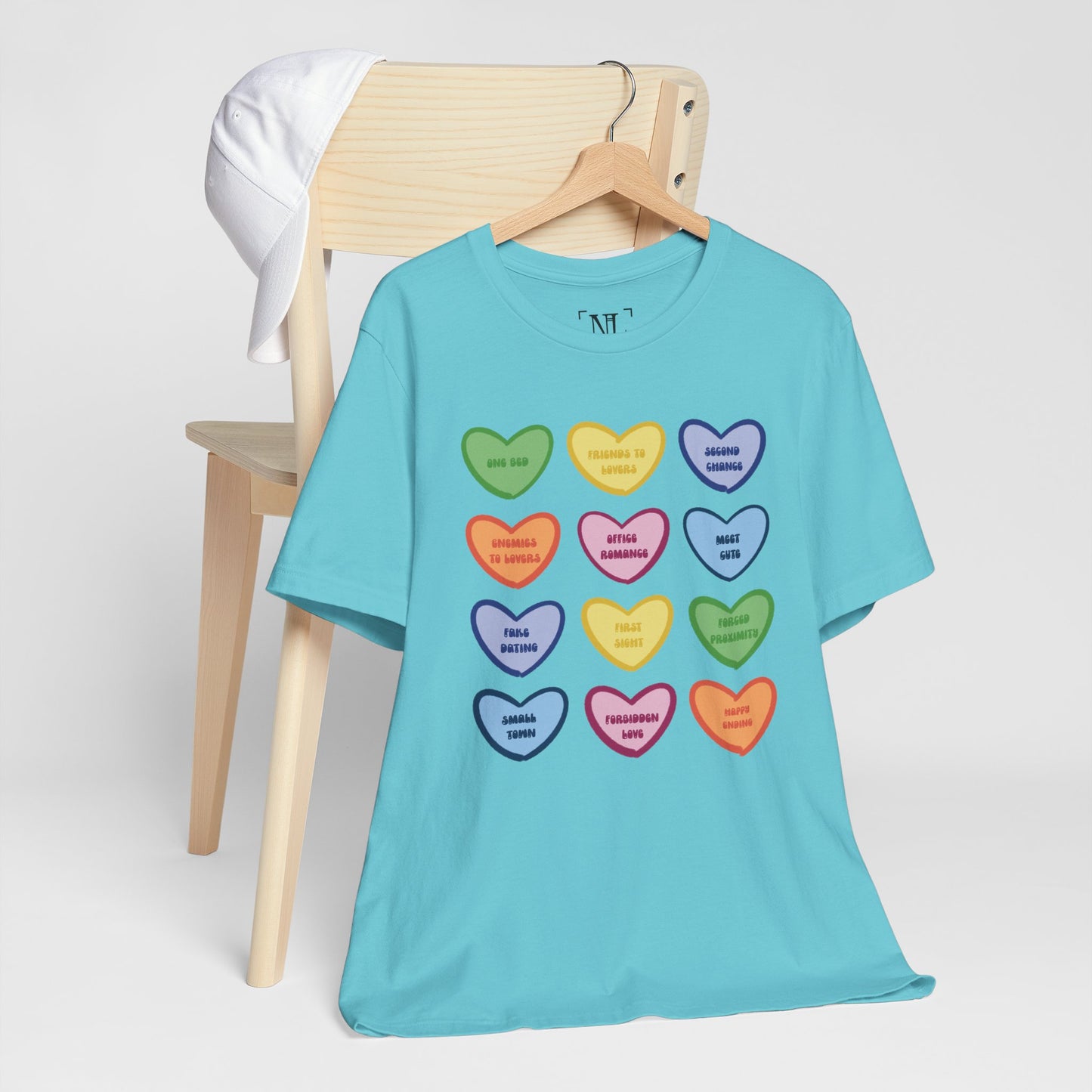 Romance Book Tropes Conversation Heart Graphic Tee — Cute Pastel Candy Hearts with Messages