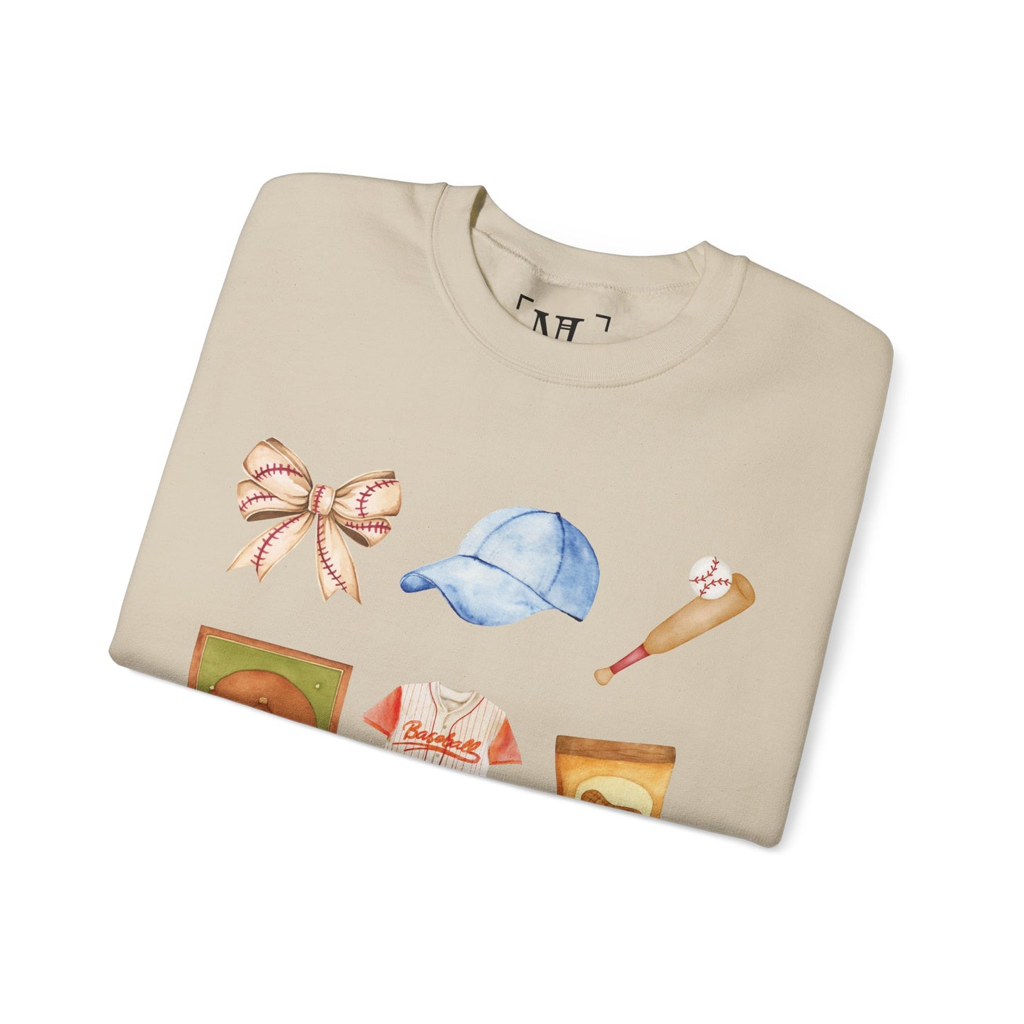 Baseball Icons Crewneck Sweatshirt — Watercolor Baseball Gear Graphic