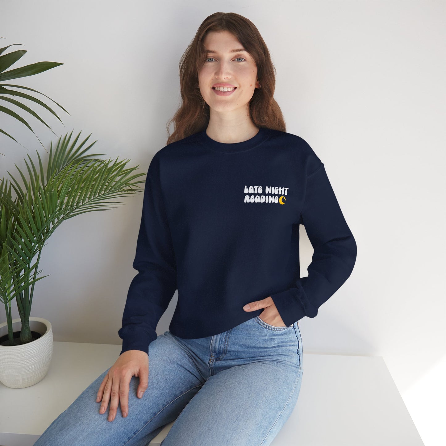 "Late Night Reading " — Cozy Book Lover Crewneck (White Text)