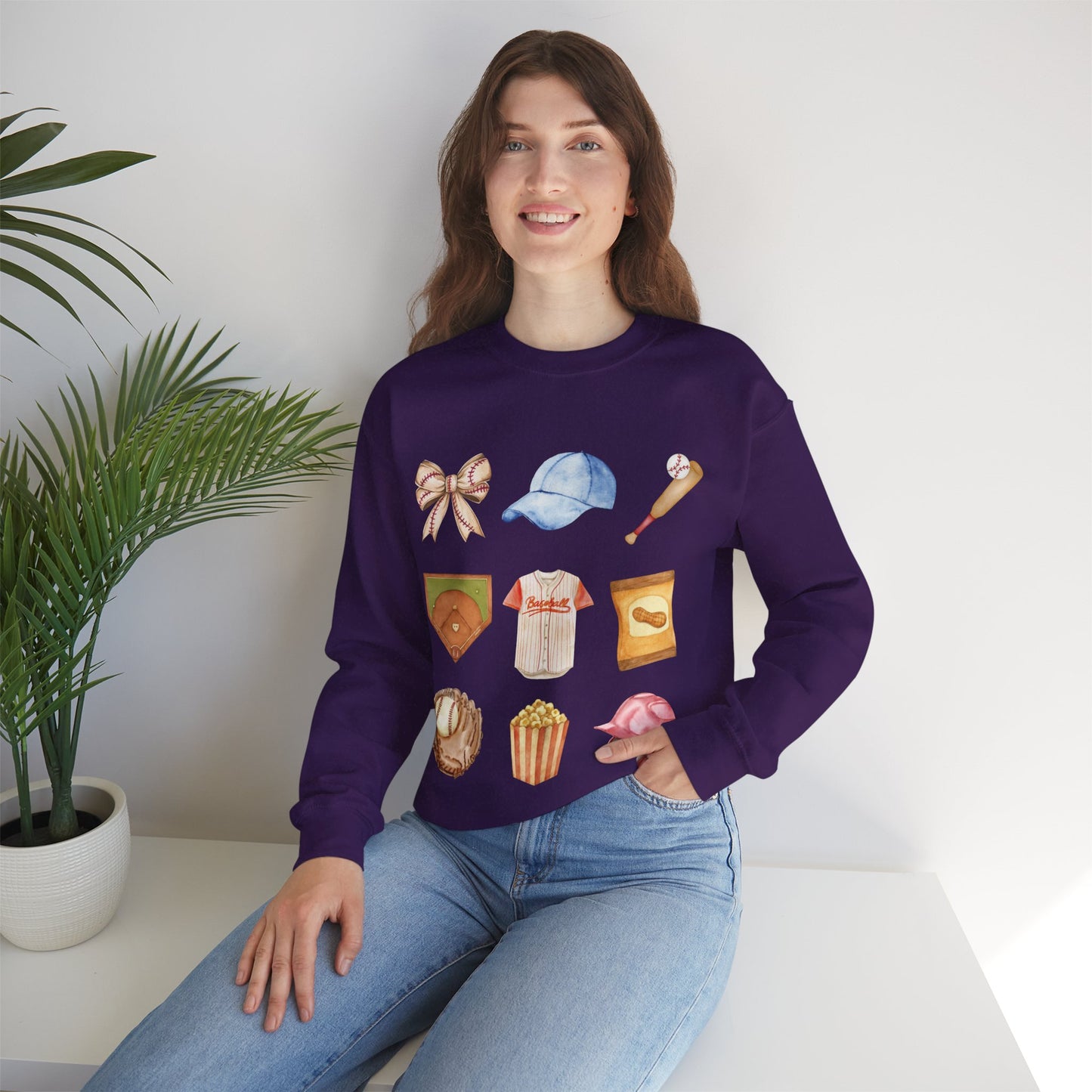 Baseball Icons Crewneck Sweatshirt — Watercolor Baseball Gear Graphic