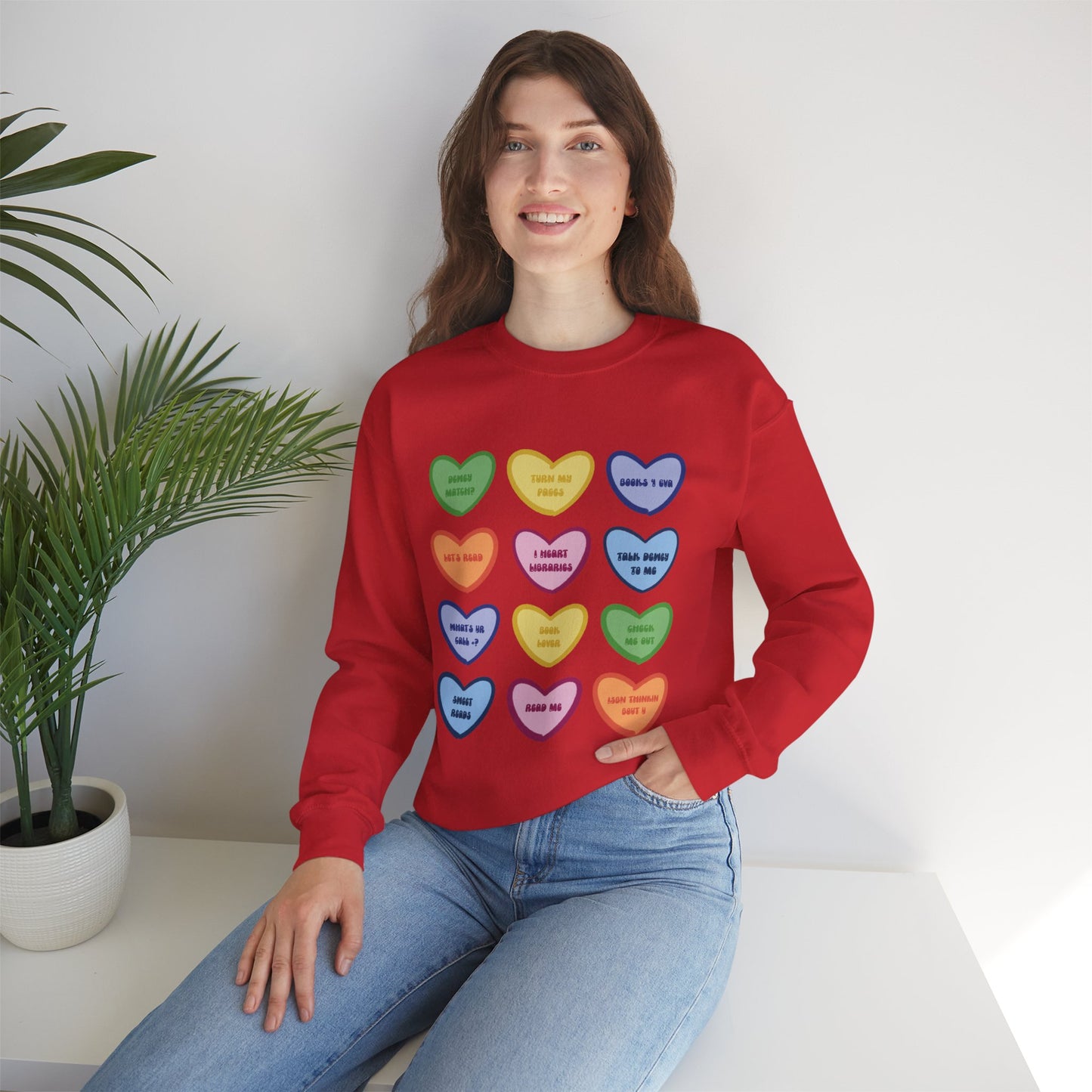 Library Themed Conversation Heart Sweatshirt — Colorful Valentine Candy Heart Graphic Crewneck