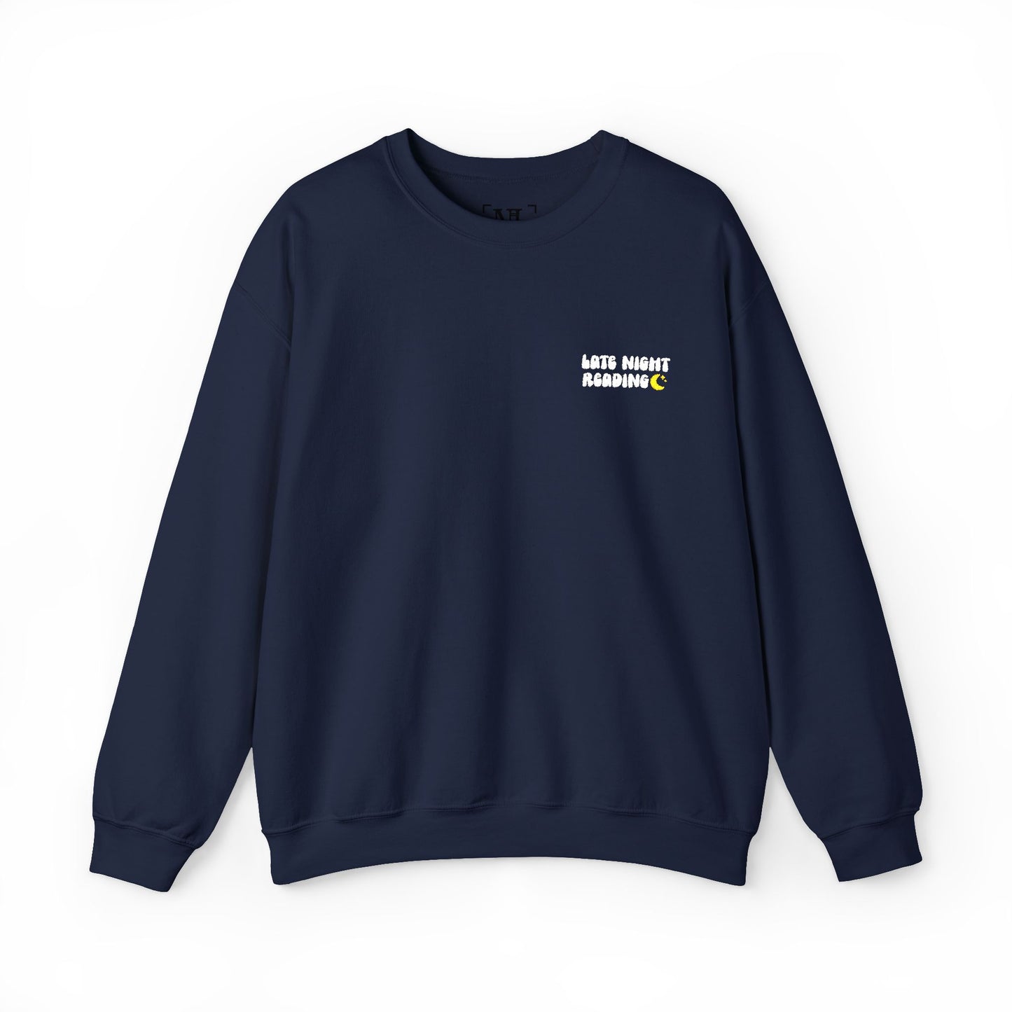 "Late Night Reading - Embroidered Cozy Literary Crewneck Sweatshirt (White Text)