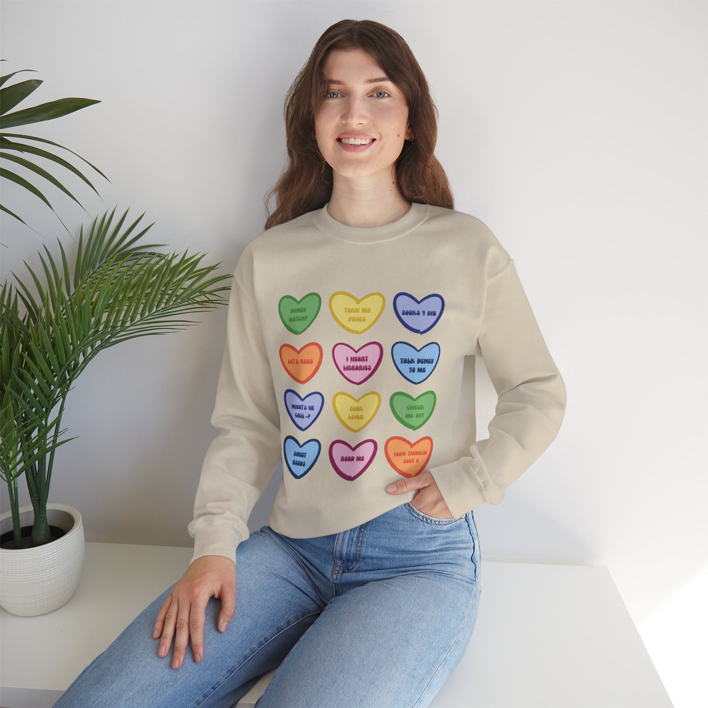 Library Themed Conversation Heart Sweatshirt — Colorful Valentine Candy Heart Graphic Crewneck