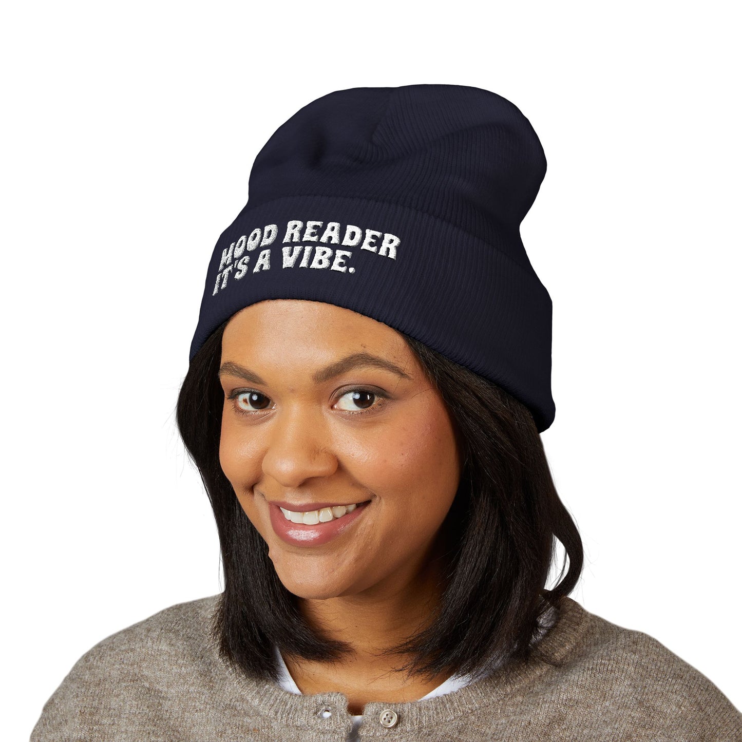 "Mood Reader It's a Vibe." - Embroidered Literary Cuffed Beanie (White Text)