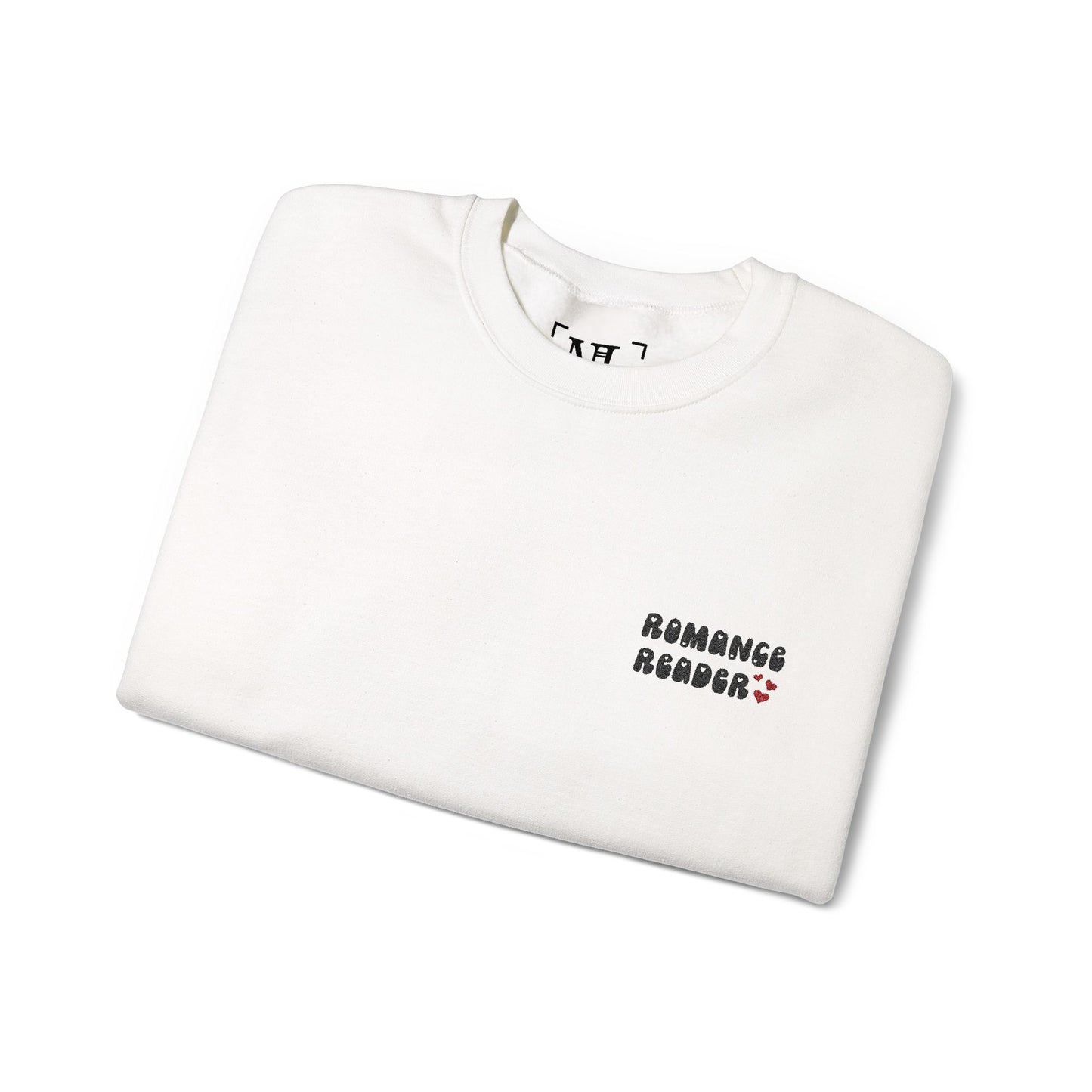 "Romance Reader" - Embroidered Literary Crewneck Sweatshirt (Black Text with Maroon Hearts)