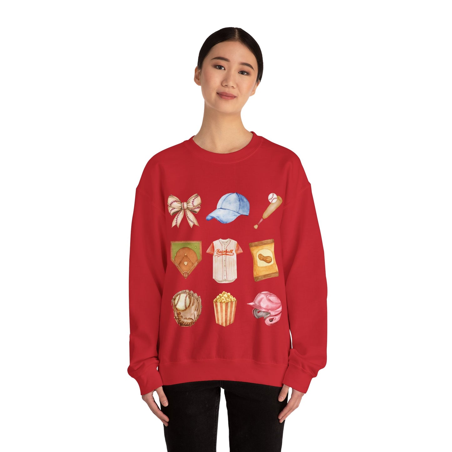Baseball Icons Crewneck Sweatshirt — Watercolor Baseball Gear Graphic